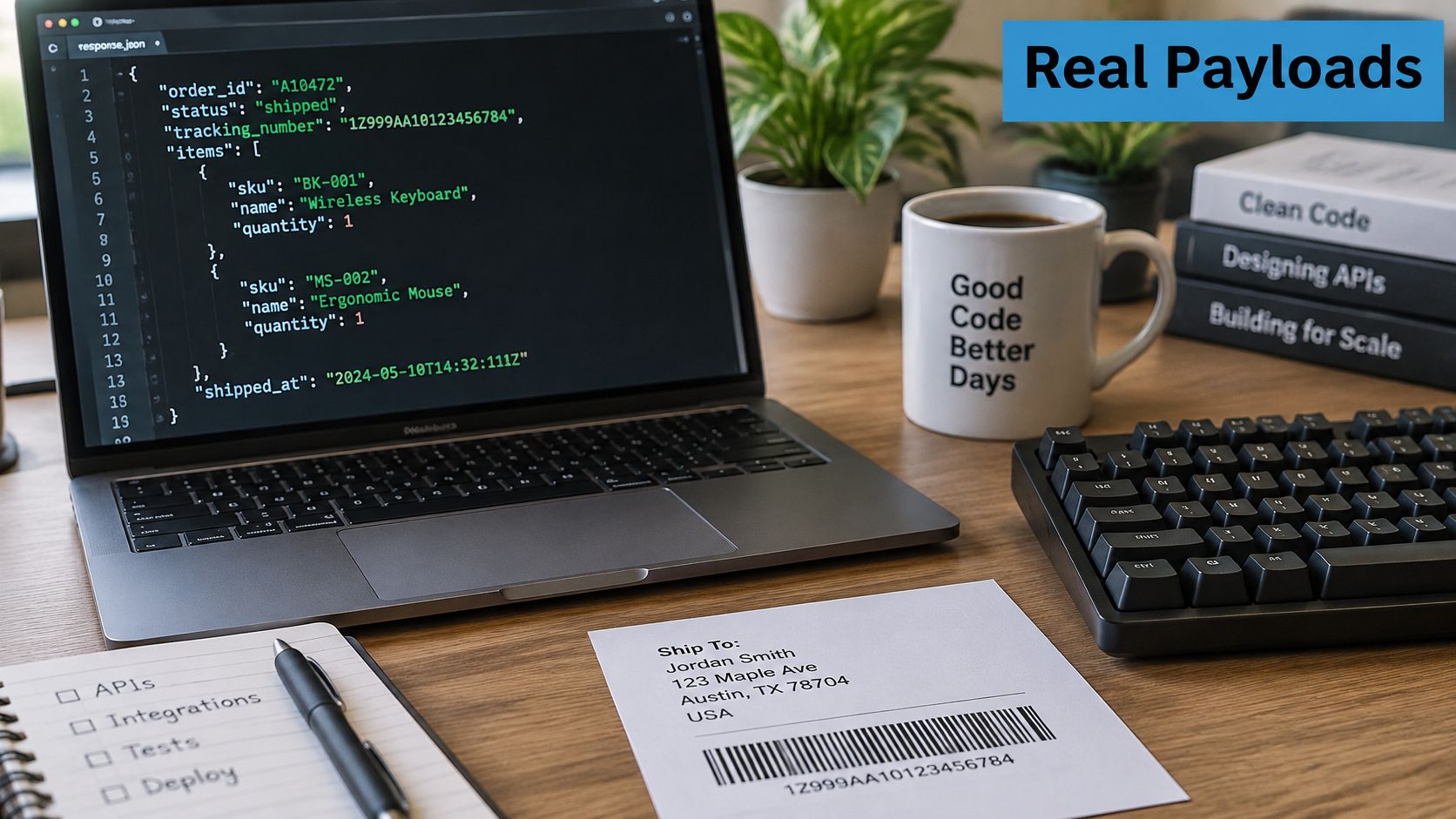 A modern desk setup showing a laptop screen with JSON code alongside a shipping label and notebook.