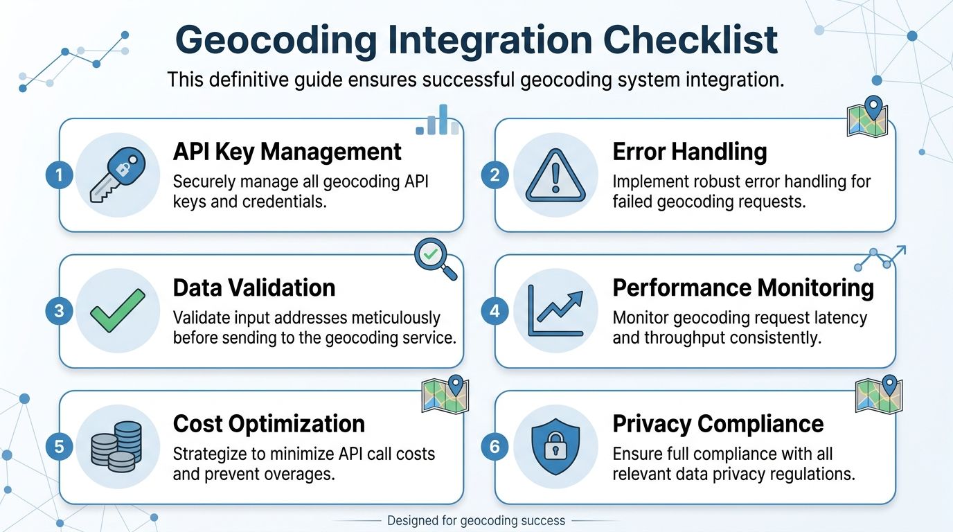 A comprehensive checklist for geocoding system integration covering API security, error handling, performance, and privacy compliance.