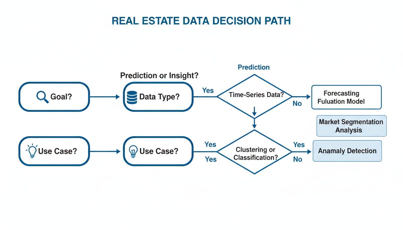 Flowchart illustrating the real estate data decision path for predictions, insights, and use cases.