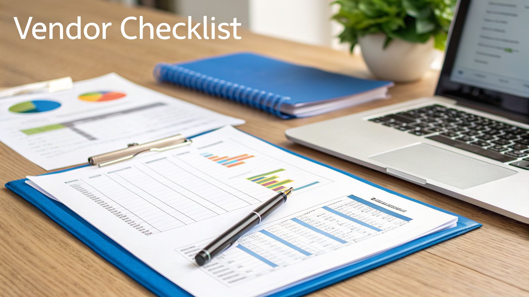 A desk with a 'Vendor Checklist' document, business charts, a pen, notebook, and laptop, illustrating business organization.