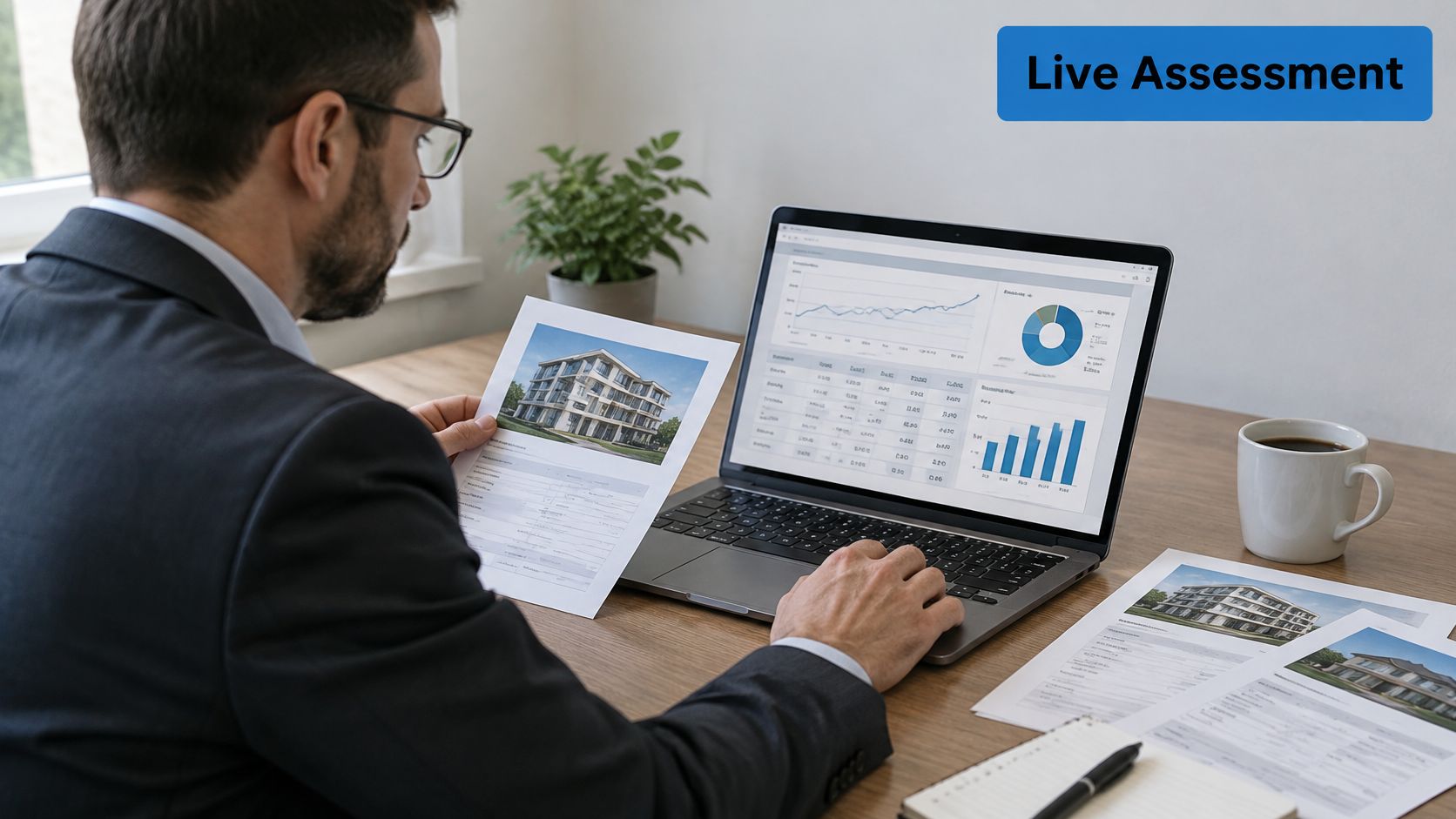 A professional real estate analyst reviews property financial reports and building images on a laptop screen.