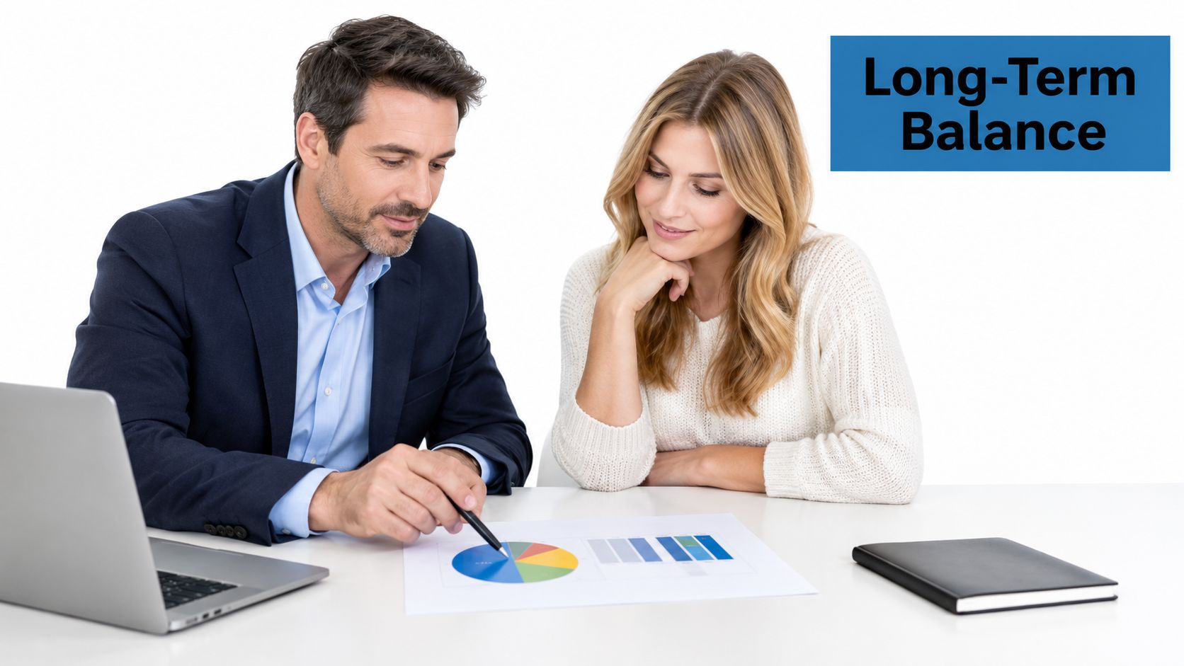 A professional financial advisor presenting investment data on a paper chart to a female client during consultation.