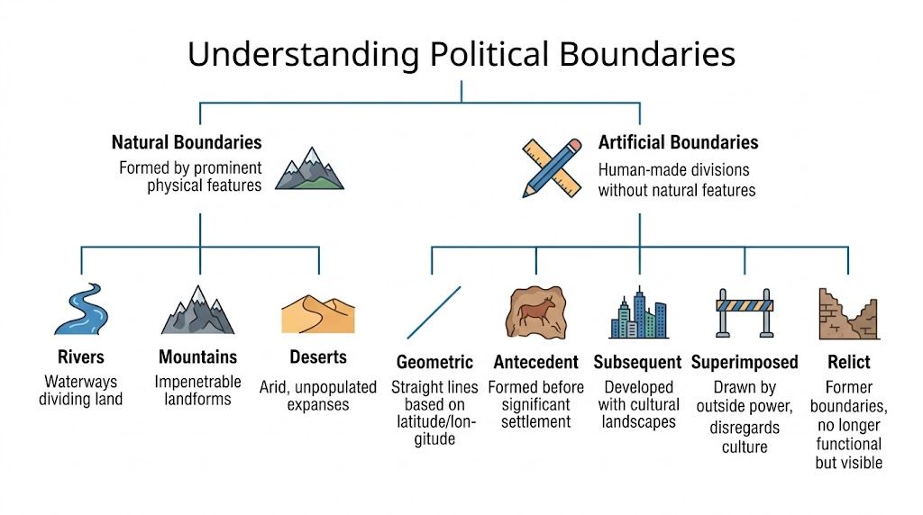 A chart illustrating different types of political boundaries, categorized into natural features and human-made divisions.