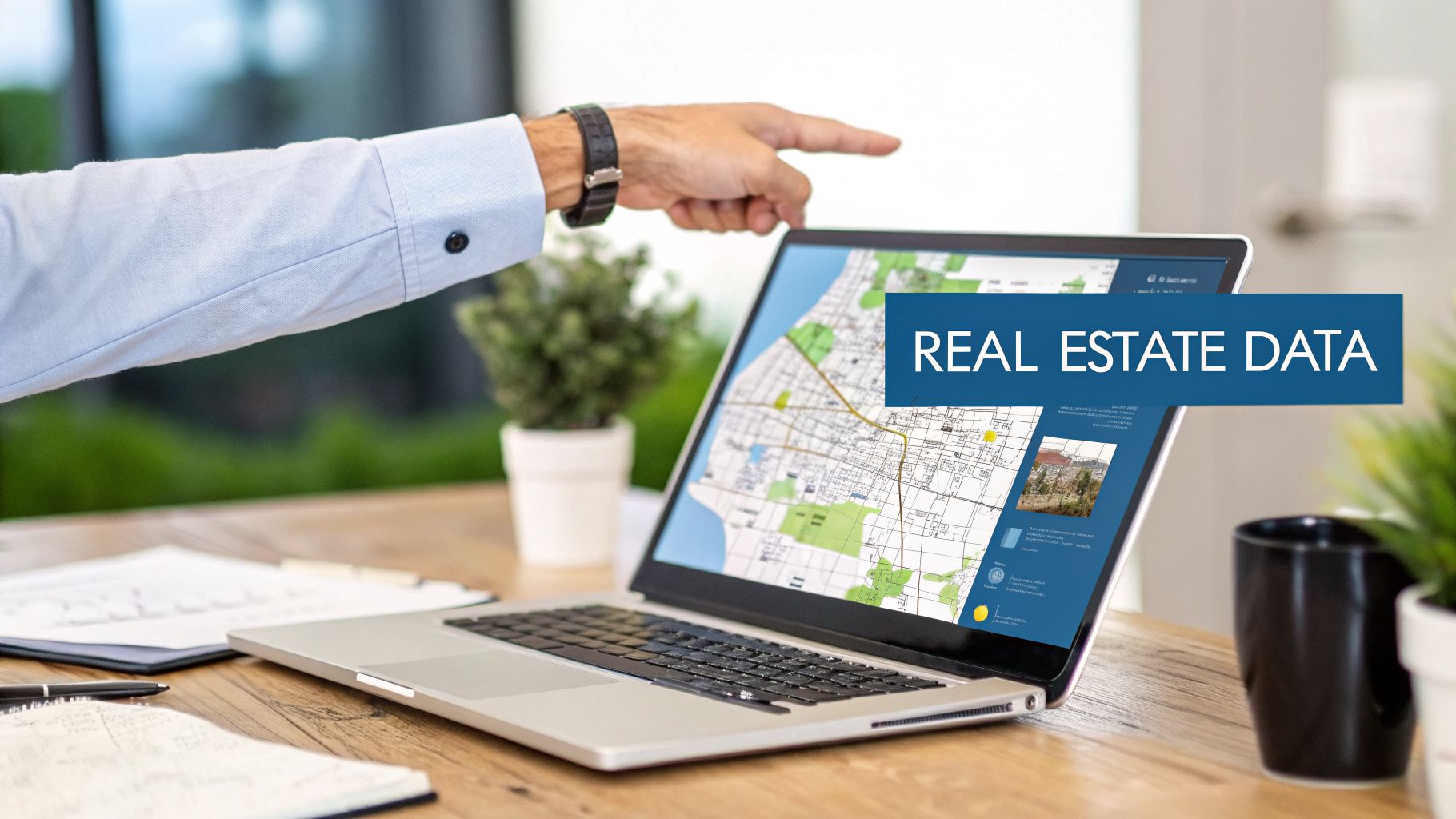 A person points at a laptop screen displaying a map and a 'REAL ESTATE DATA' banner.