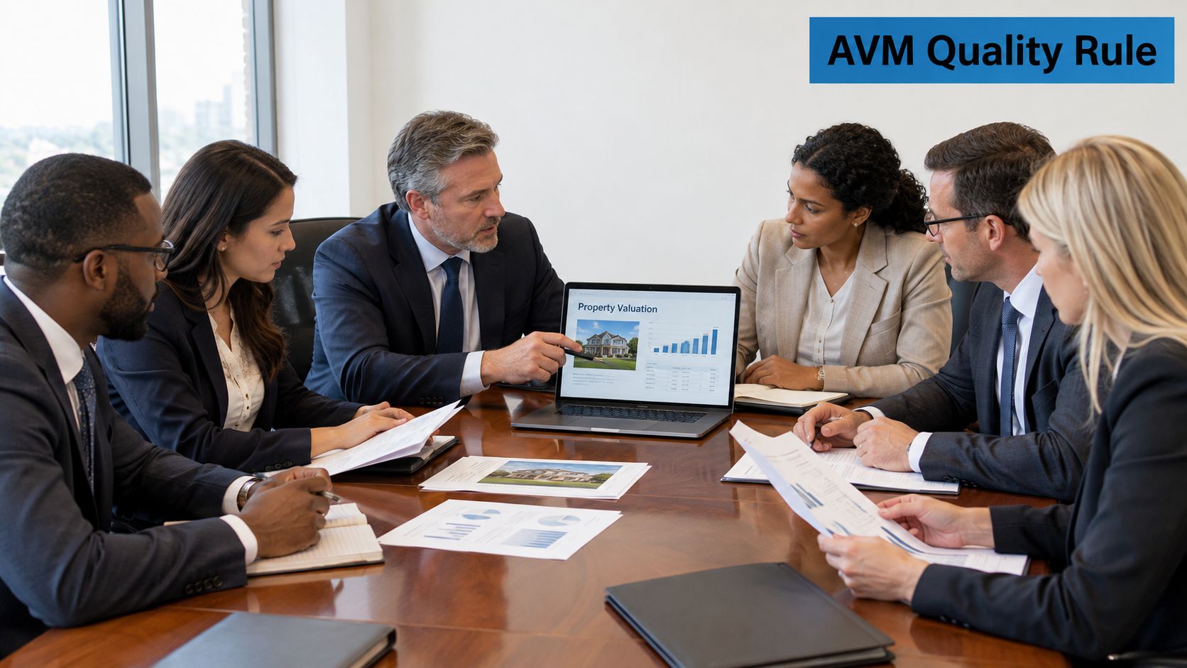A professional team of business people collaborating during a meeting about real estate property valuation.