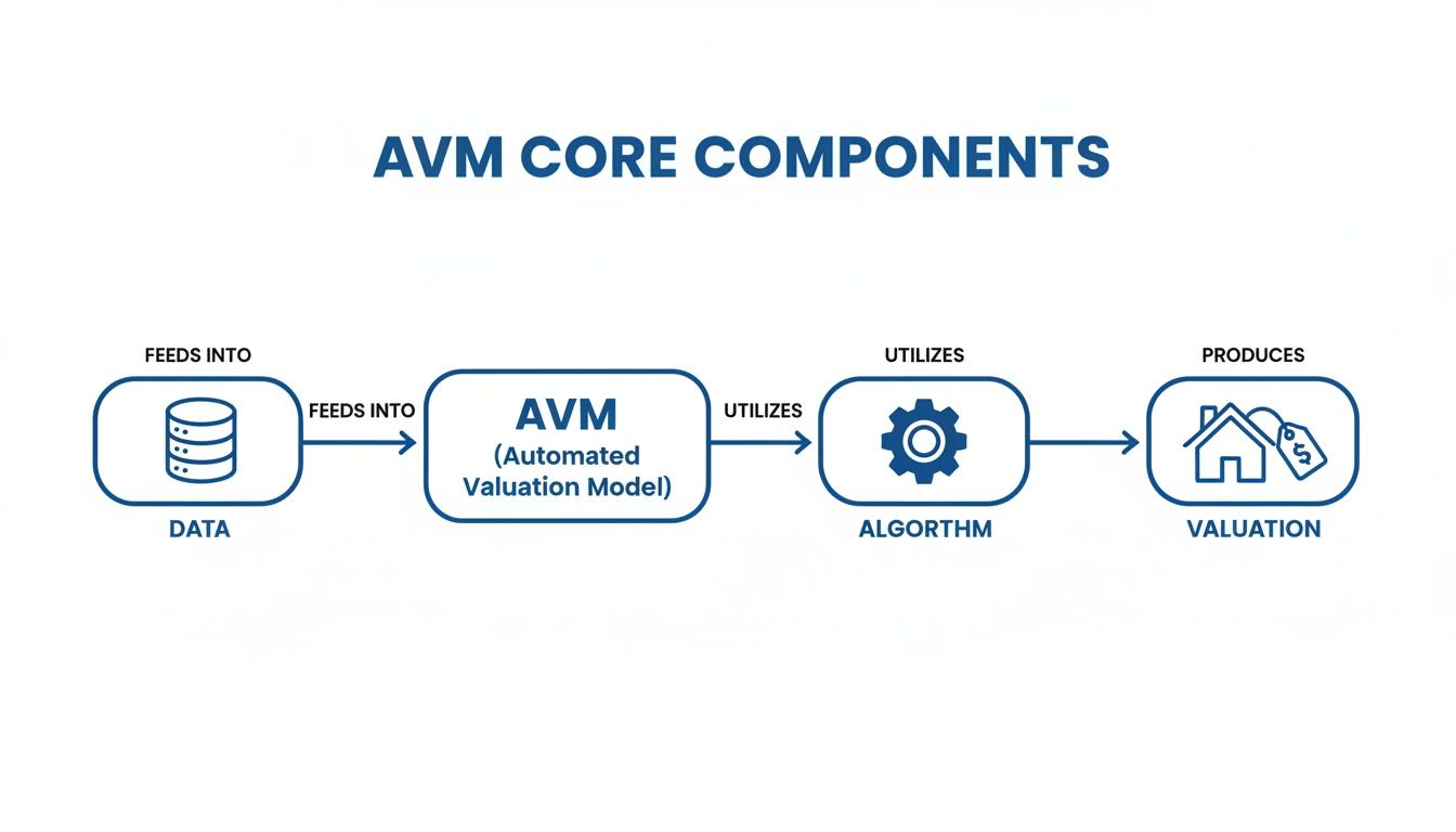 Flowchart illustrating the core components of an Automated Valuation Model (AVM) from data input to valuation output.