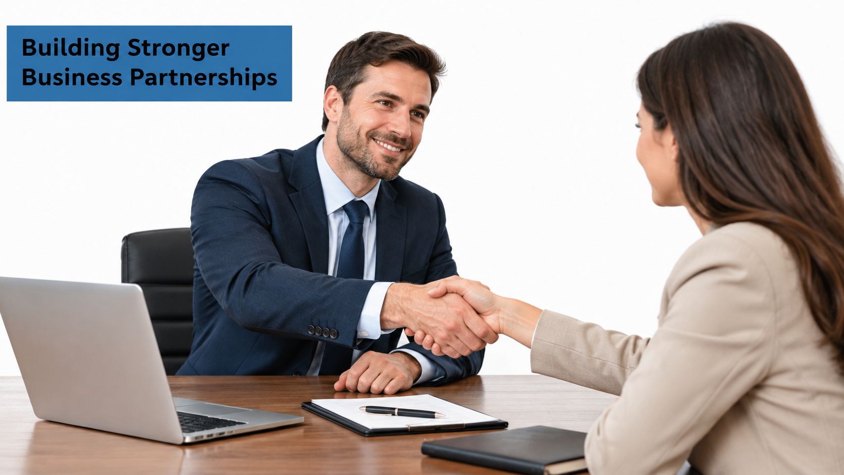 A professional man and woman shaking hands across a desk to form a strong business partnership.