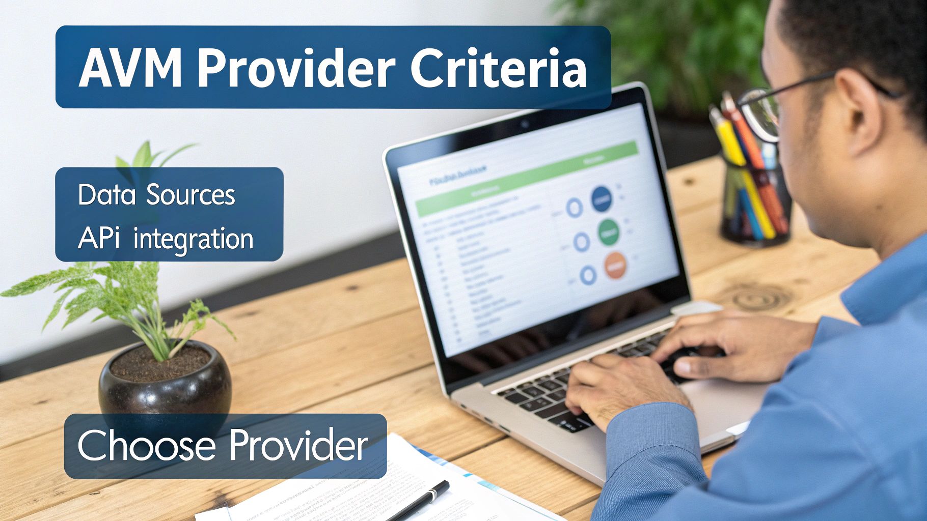 A person works on a laptop showing 'AVM Provider Criteria' and integration details on a wooden desk.