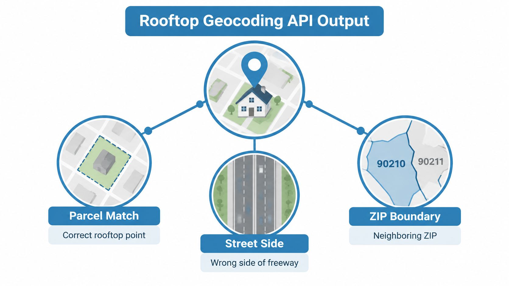 A diagram illustrating different Rooftop Geocoding API outputs including parcel match, street side, and zip boundary examples.