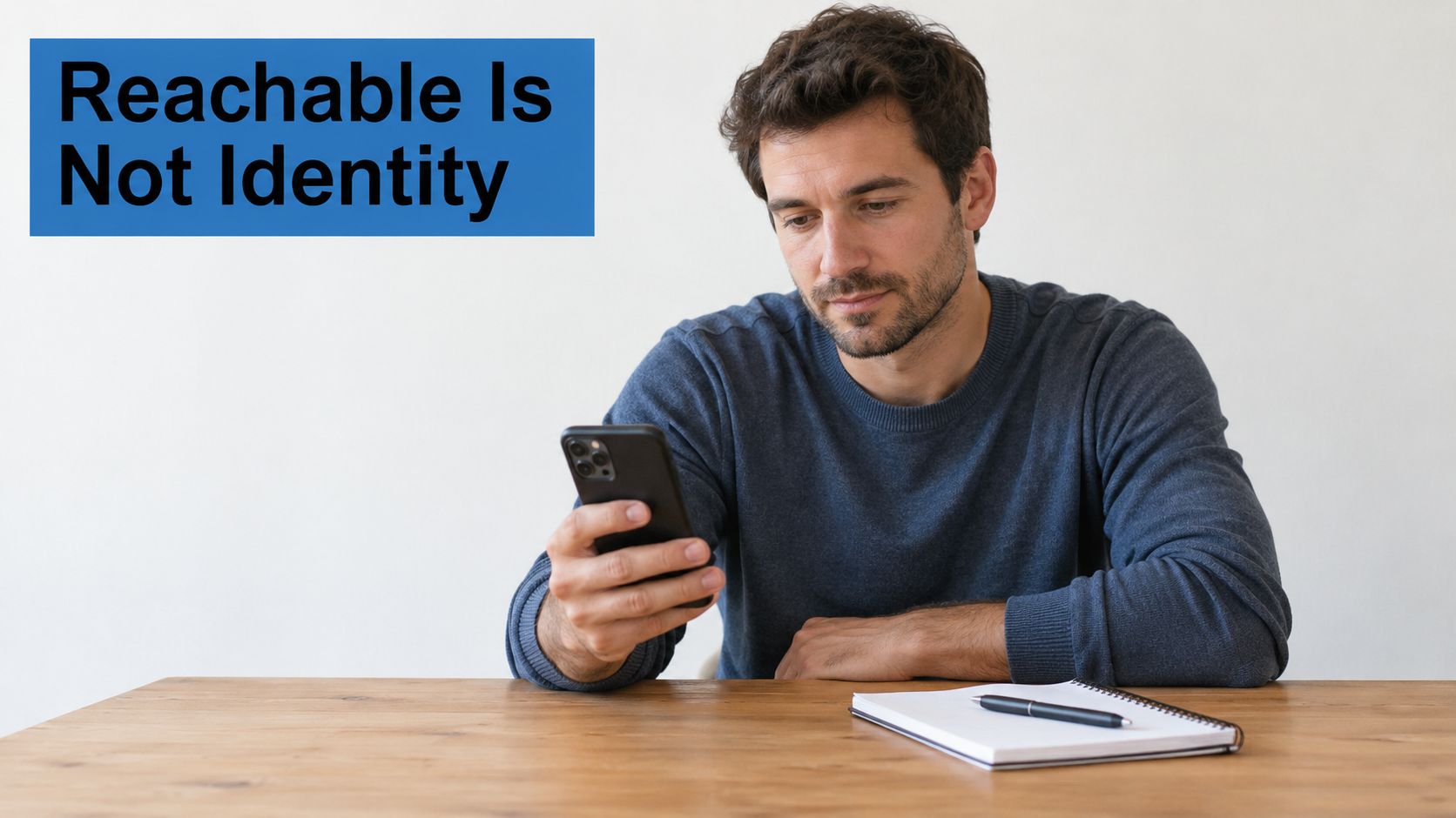 A young man sitting at a desk looking at a smartphone next to a notepad and pen.