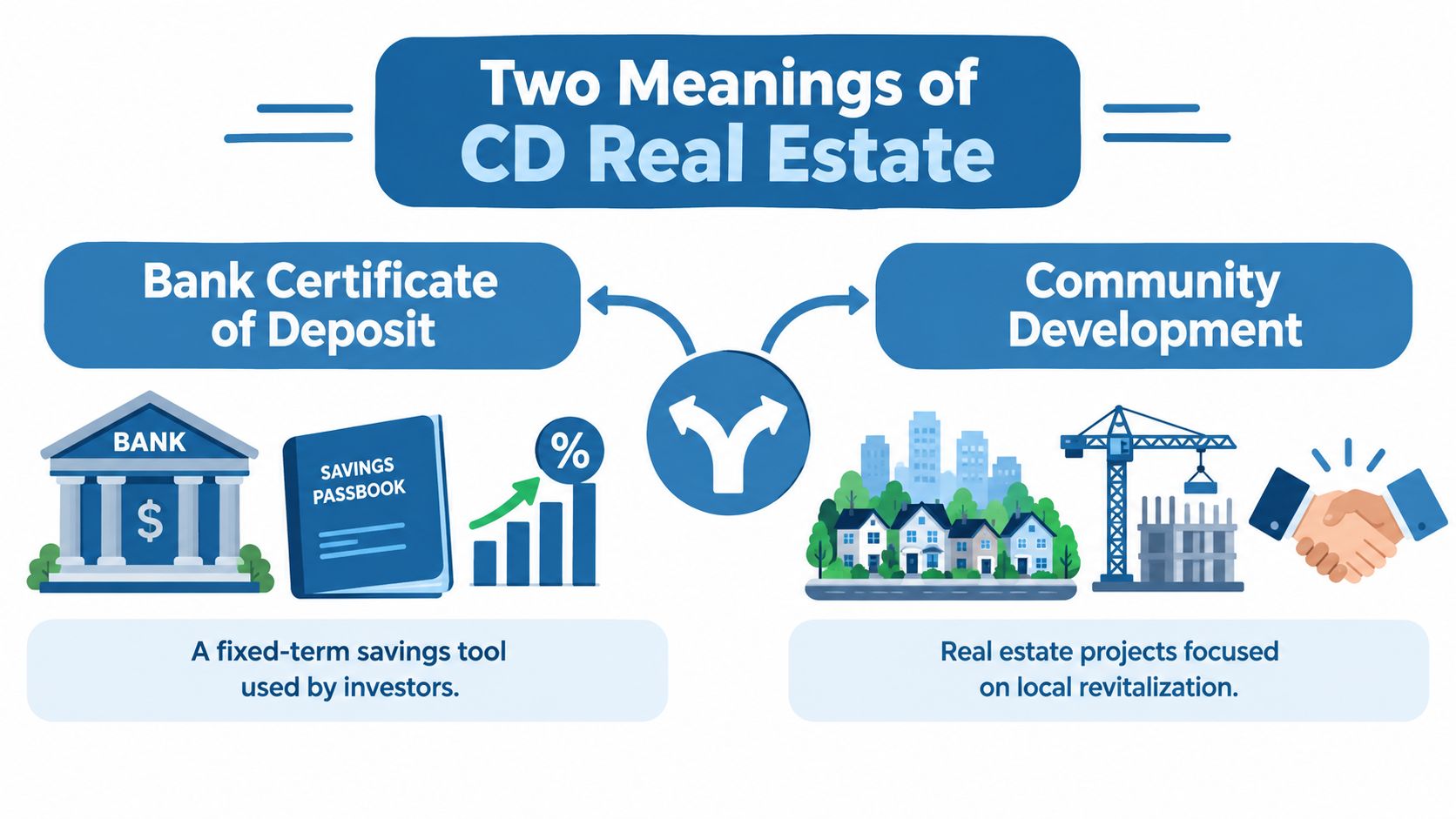 A diagram illustrating two meanings of CD Real Estate: Bank Certificate of Deposit and Community Development projects.