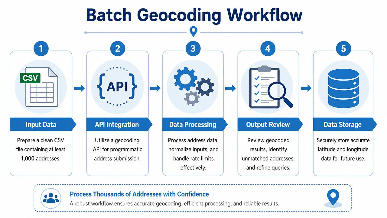 A flowchart showing a five-step batch geocoding workflow for processing thousands of addresses efficiently.