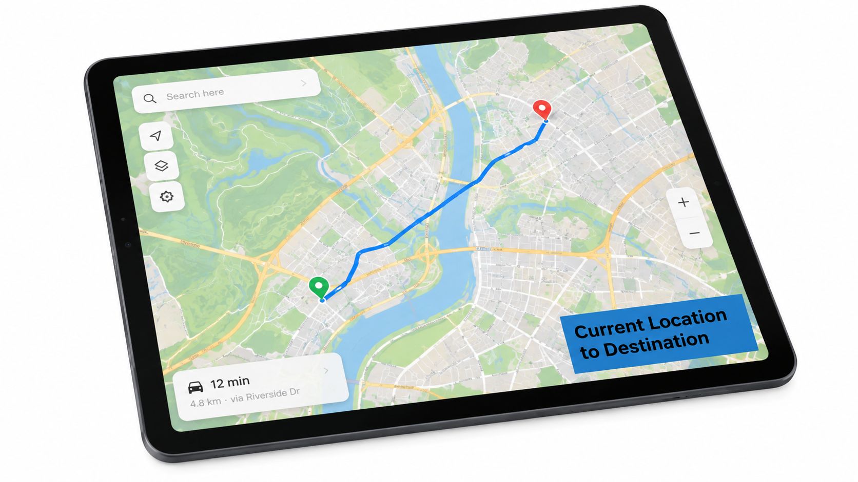 A digital tablet displaying a navigation map app showing a route between two destination points.