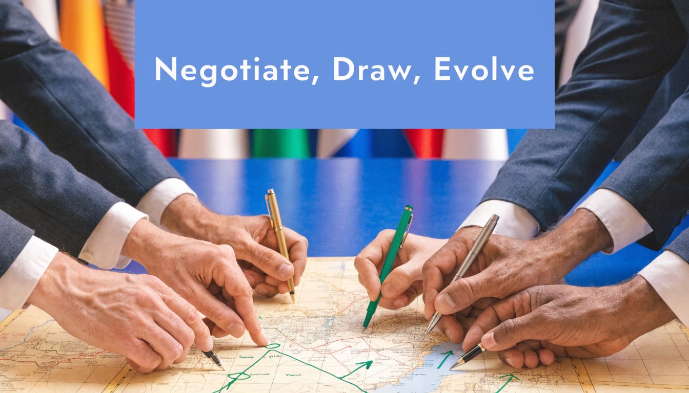 Multiple business professionals hands using pens to draw and negotiate on a large world map.