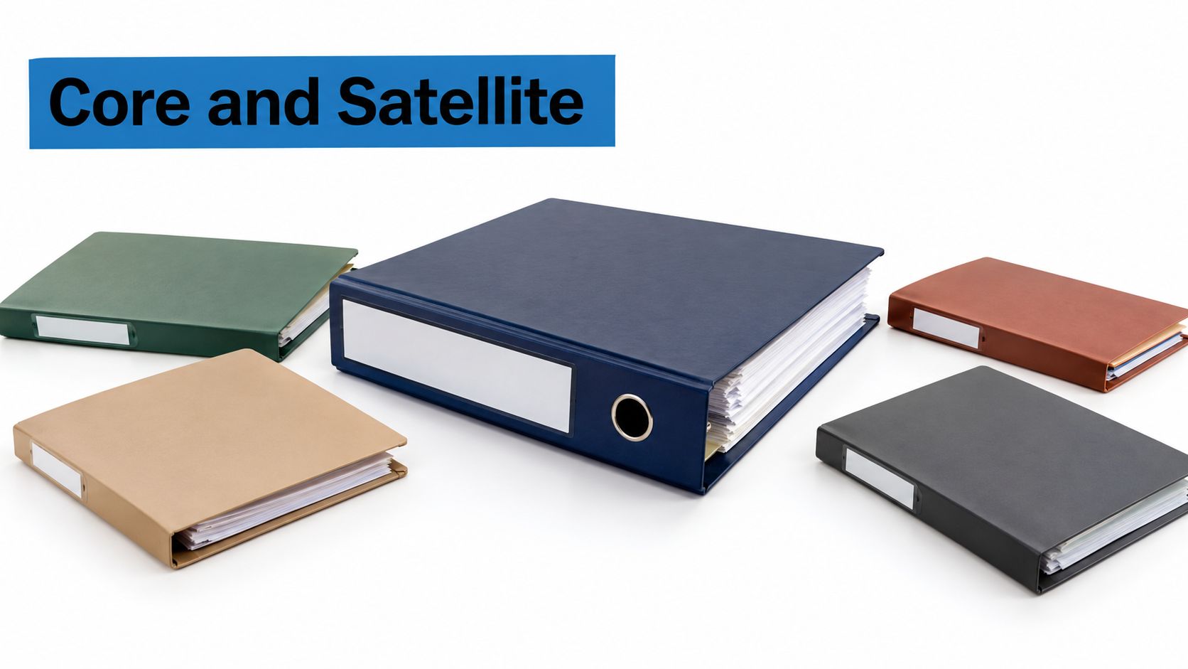 A collection of five colorful office binders arranged on a white background, symbolizing portfolio management strategies.