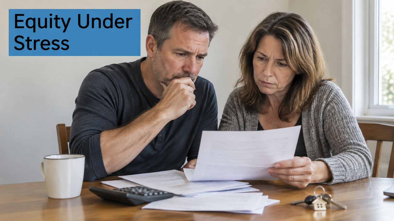 A concerned couple sitting at a wooden table while reviewing financial documents and home mortgage paperwork.
