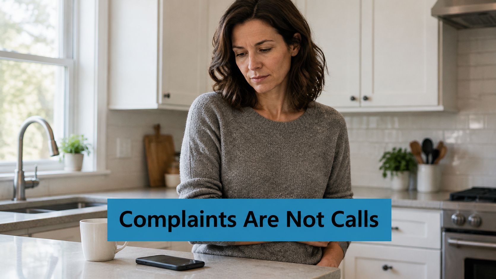 A concerned woman standing in a modern kitchen while looking down at her smartphone on the counter.