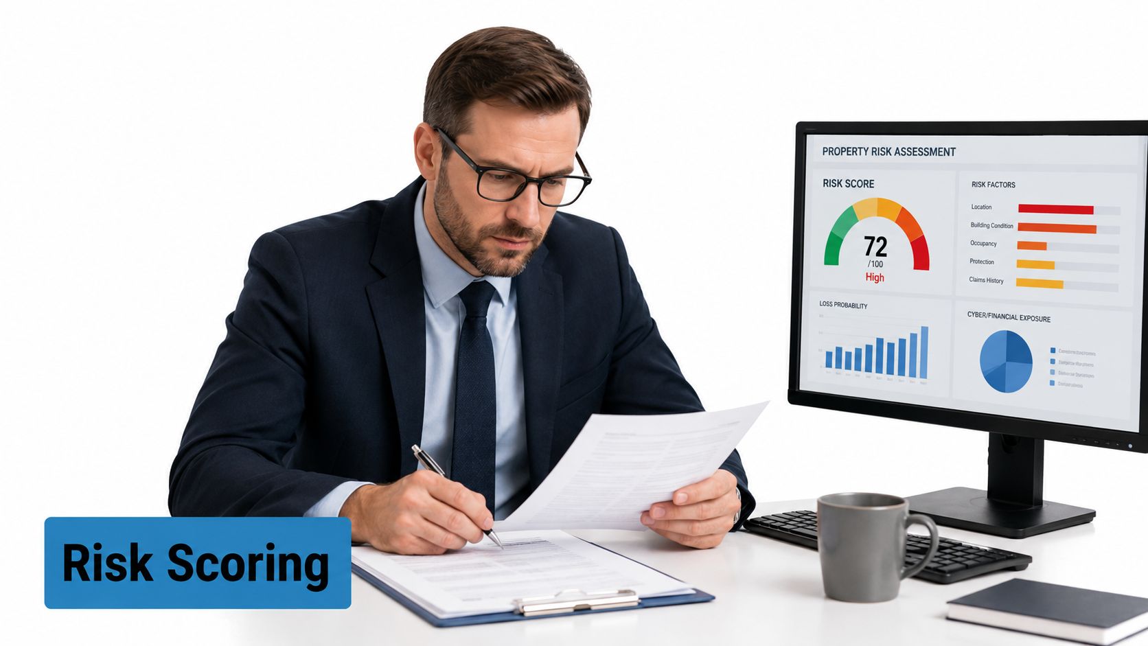 A professional man in a suit analyzing property insurance data on a computer monitor and paperwork.