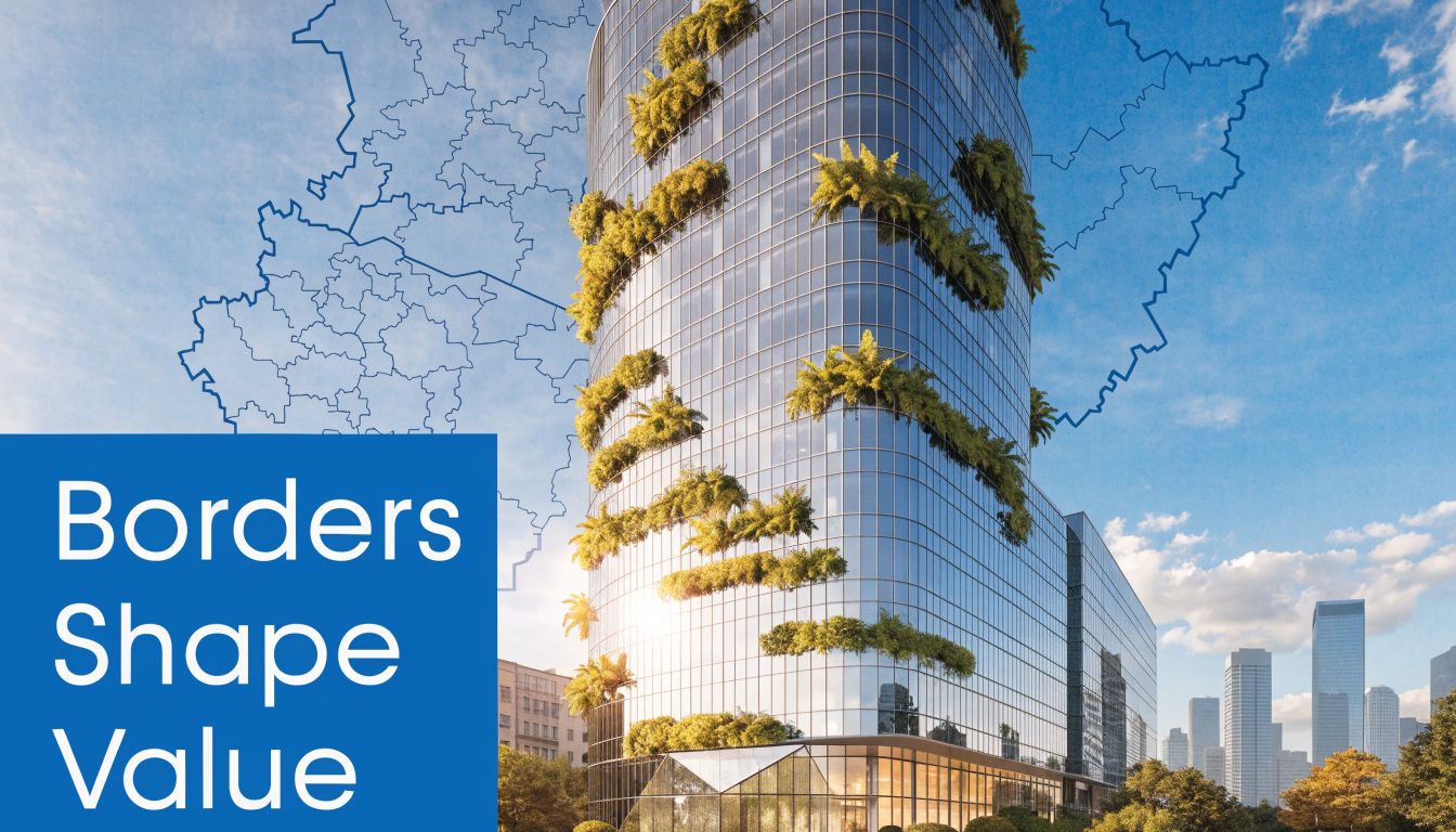 A modern glass skyscraper with vertical gardens, overlaid with an abstract map outline of regional borders.