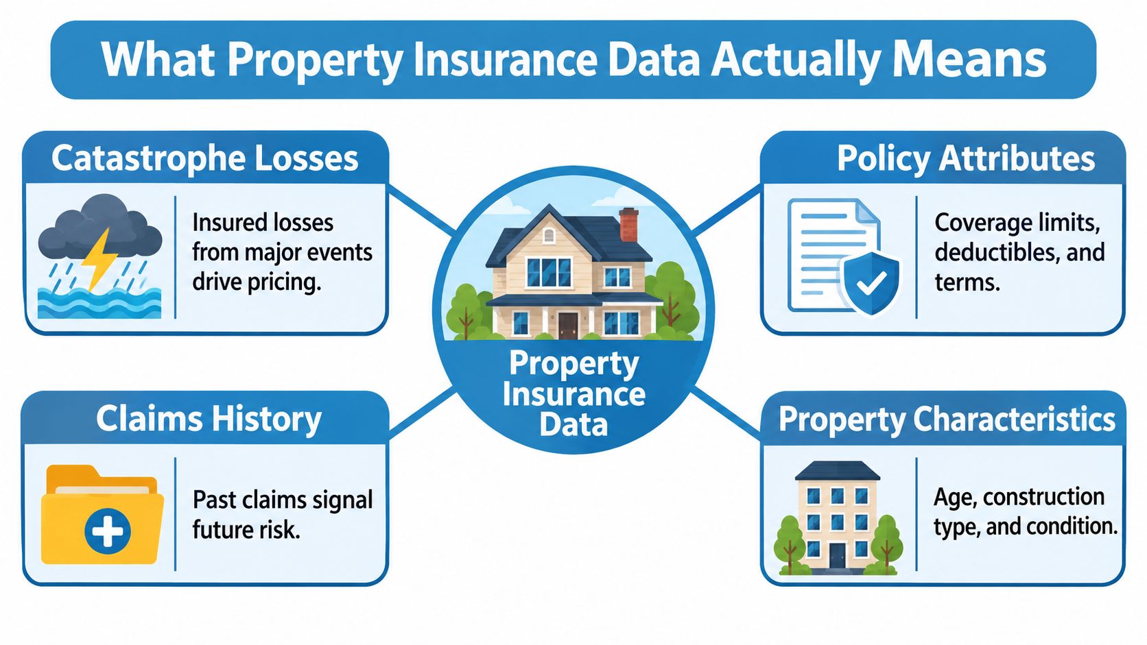 An infographic titled What Property Insurance Data Actually Means, showing four key data categories for residential insurance.