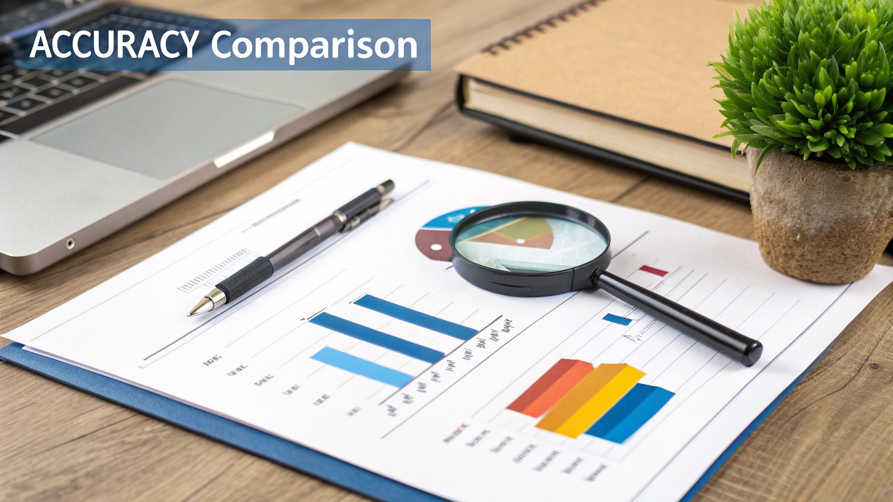 A desk with a laptop, charts, pen, and magnifying glass, labeled 'ACCURACY Comparison'.