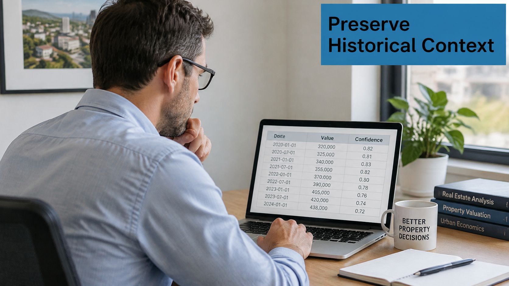 A professional analyzing property valuation history data on a laptop screen in a modern home office setting.