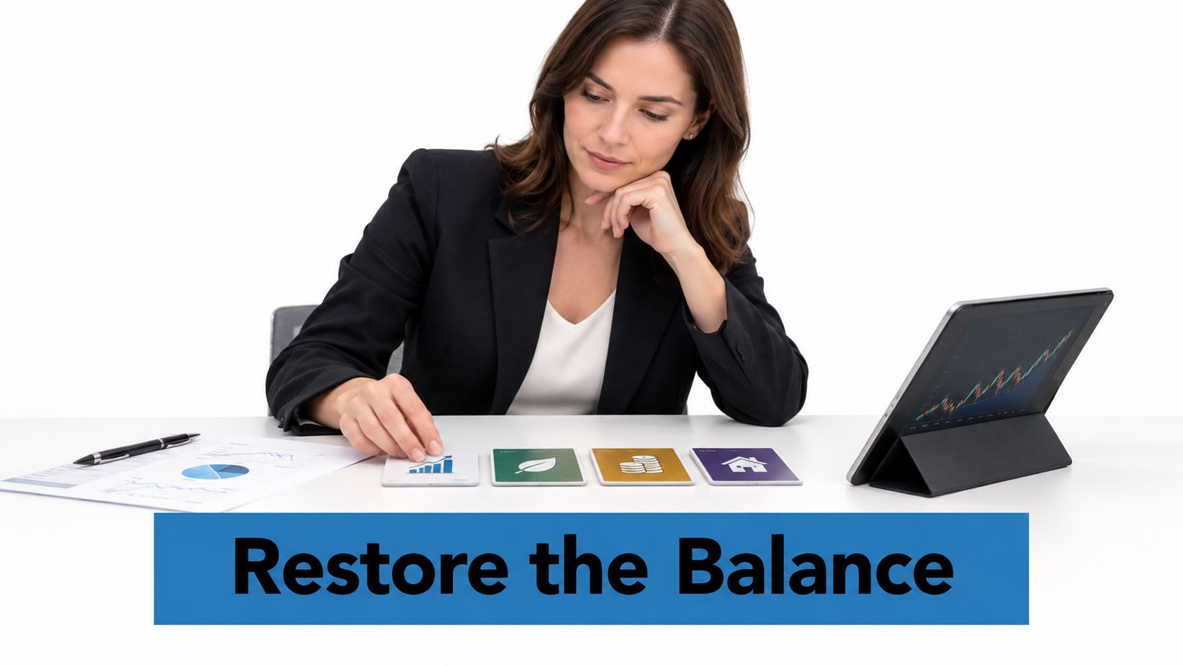 A professional woman in a suit considers financial portfolio management icons while looking at a tablet chart.