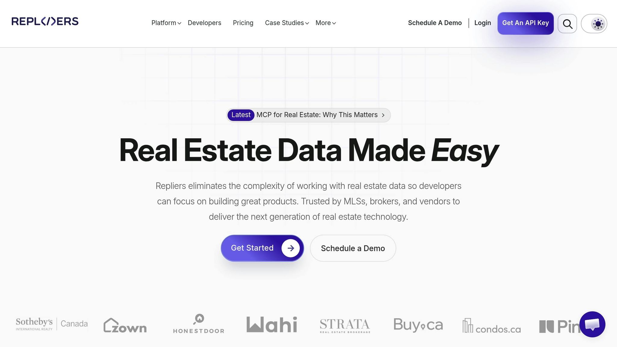 Repliers platform homepage showcasing real estate data solutions, emphasizing API integration for developers, with a focus on simplifying access to property data and analytics through BatchData.