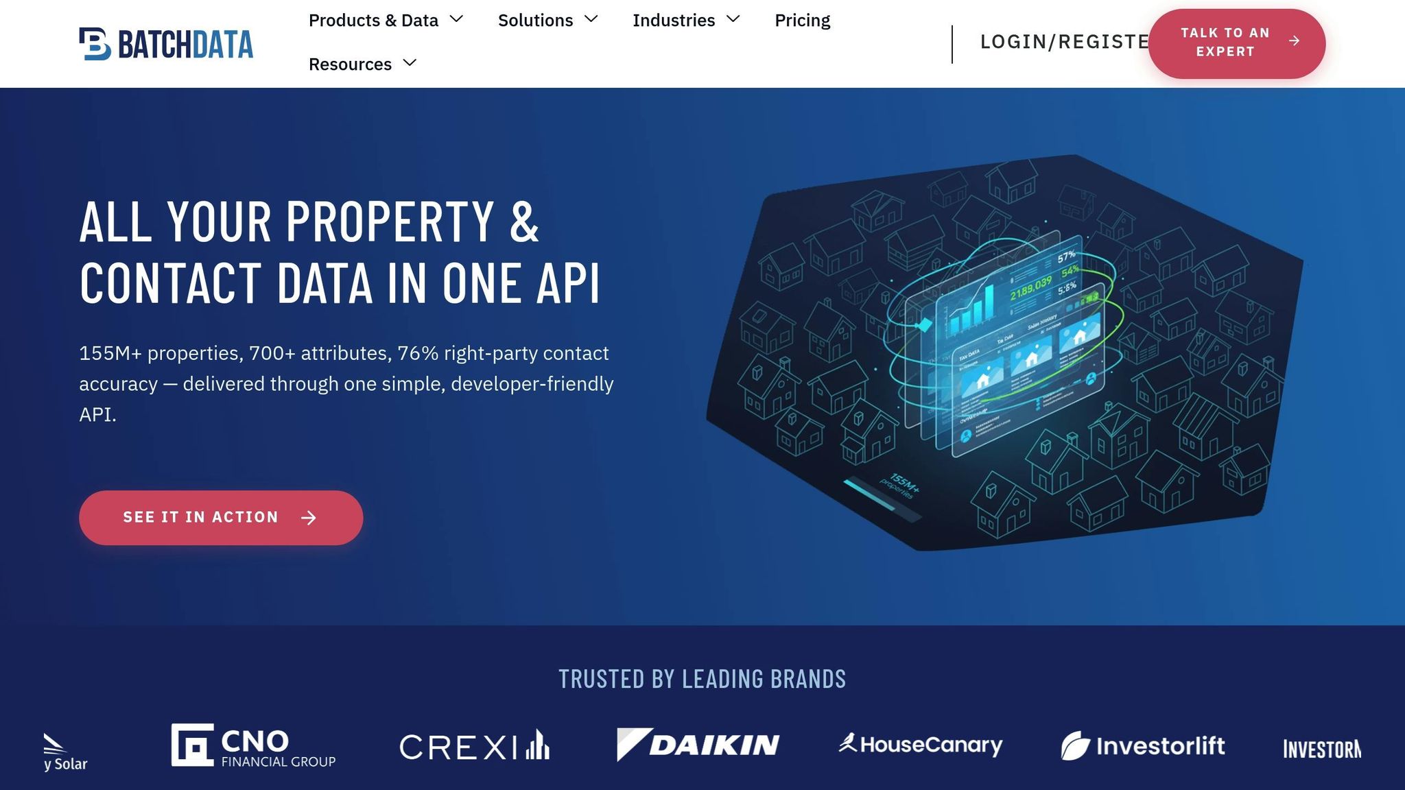 BatchData API interface showcasing property data analytics, featuring housing icons and real-time metrics, emphasizing 155 million properties and 700+ attributes for precise valuations and market insights.
