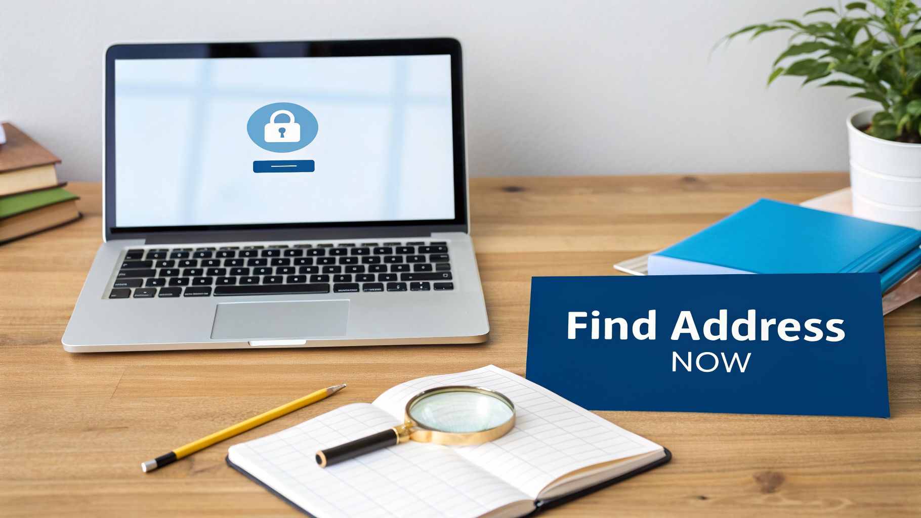 Laptop with security lock, 'Find Address NOW' sign, and magnifying glass on a wooden desk.