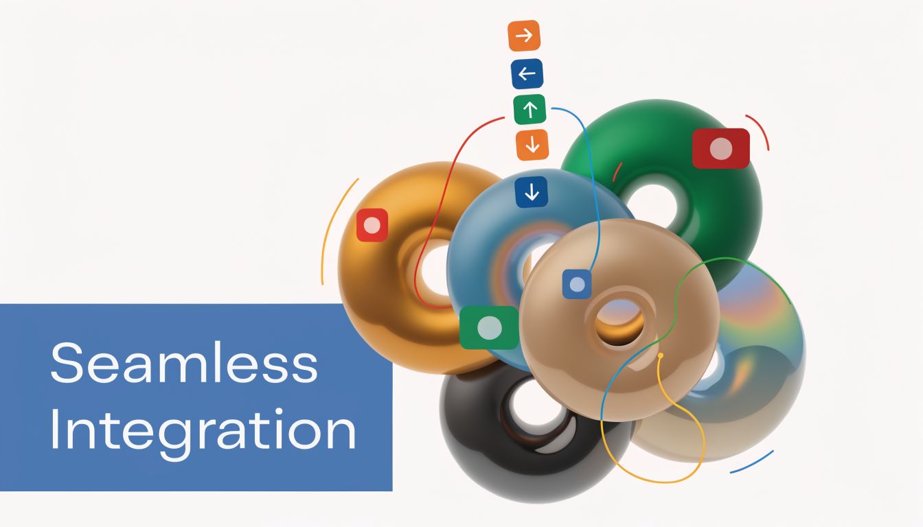 Abstract 3D rendering of interconnected colorful donut-shaped rings symbolizing seamless integration for business software systems.