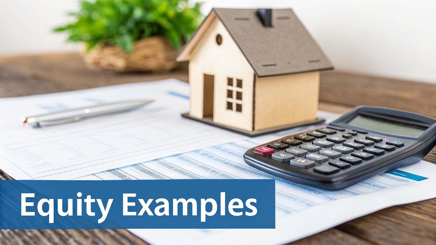 A wooden model house, a calculator, and financial documents on a desk with "Equity Examples" text.