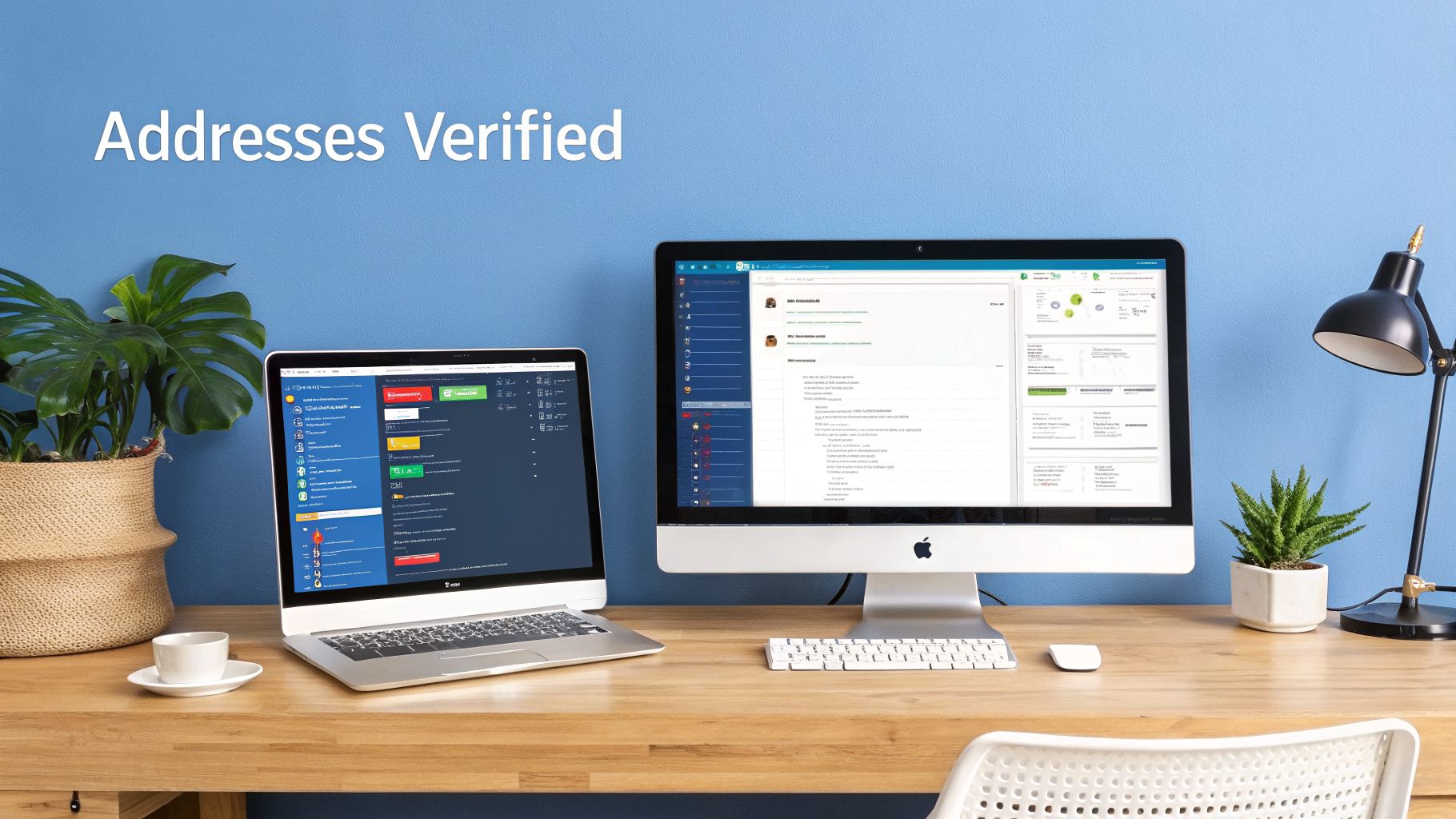 Modern office desk with a laptop, an iMac, plants, and 'Addresses Verified' text on a blue wall.