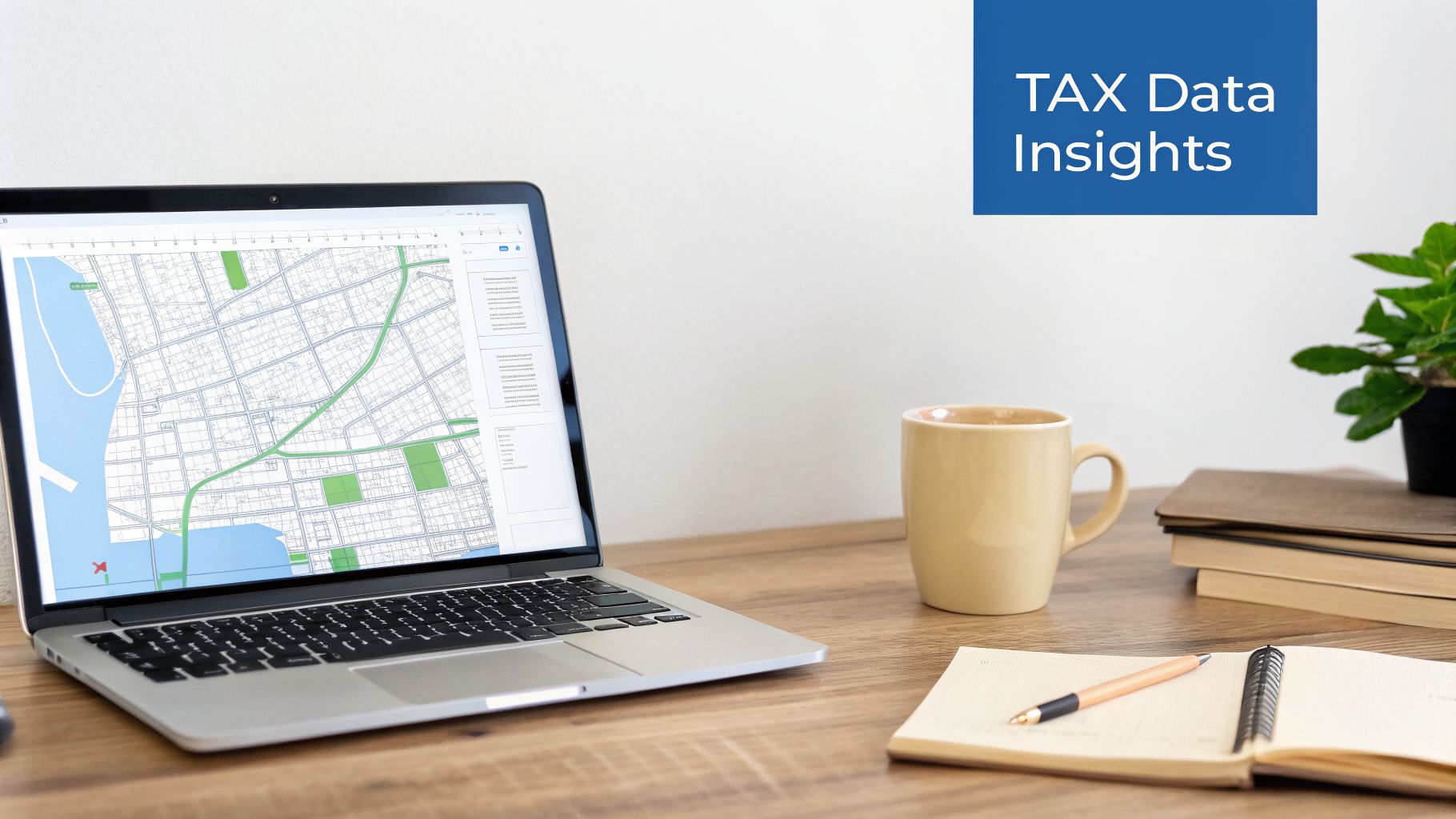 Laptop displaying a map on a wooden desk with a coffee mug, notebook, and 'TAX Data Insights' text.