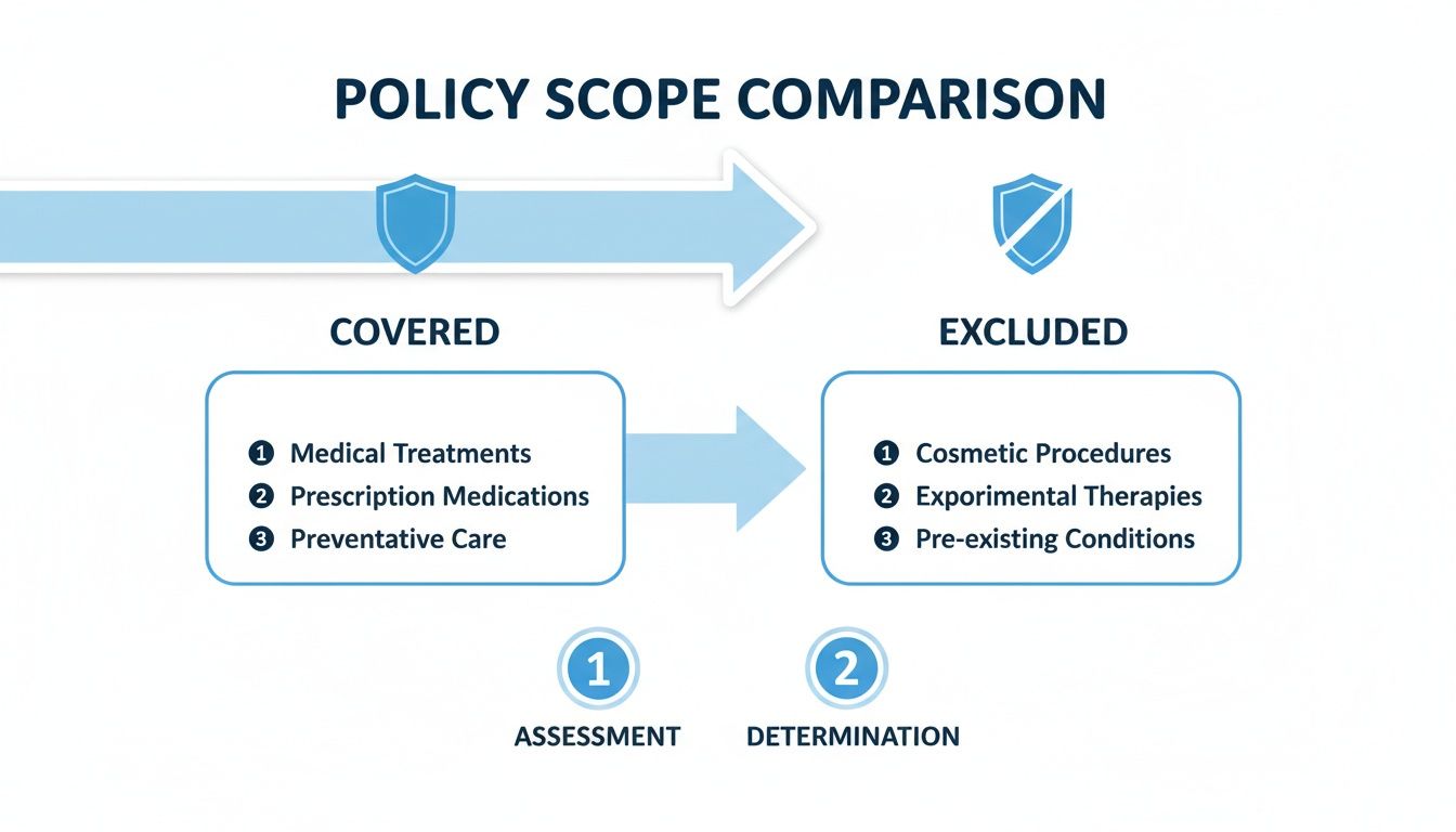 Infographic comparing policy scope, detailing covered medical treatments and excluded cosmetic procedures.