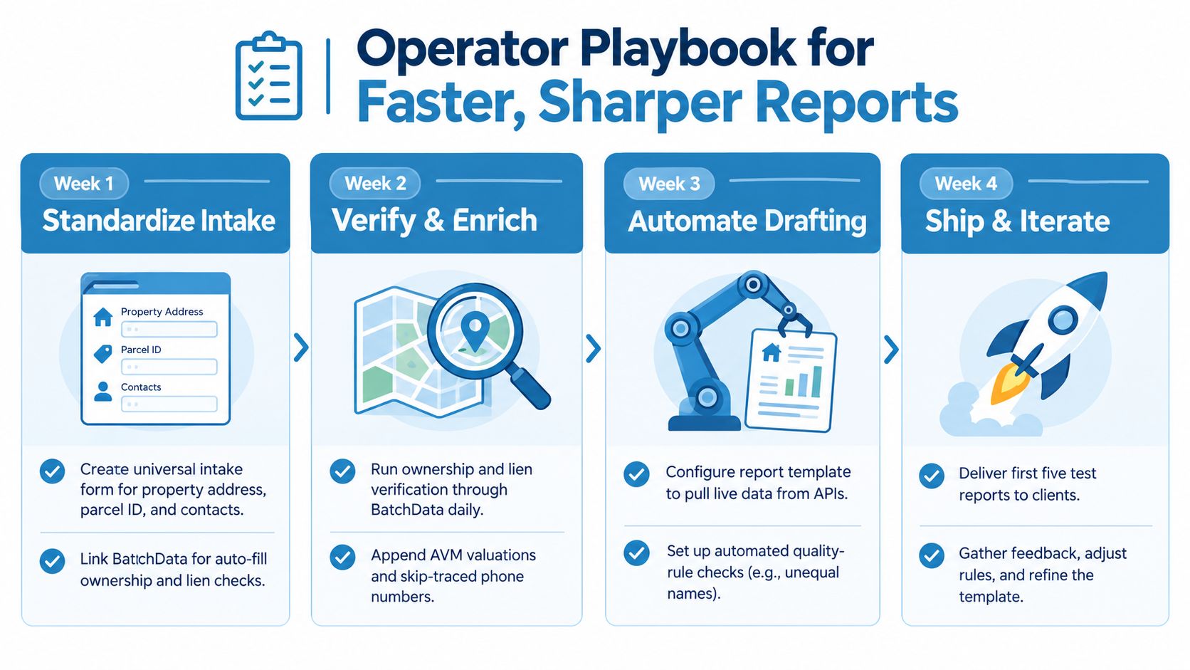 A four-week operator playbook infographic outlining a step-by-step process for creating faster and sharper due diligence reports.