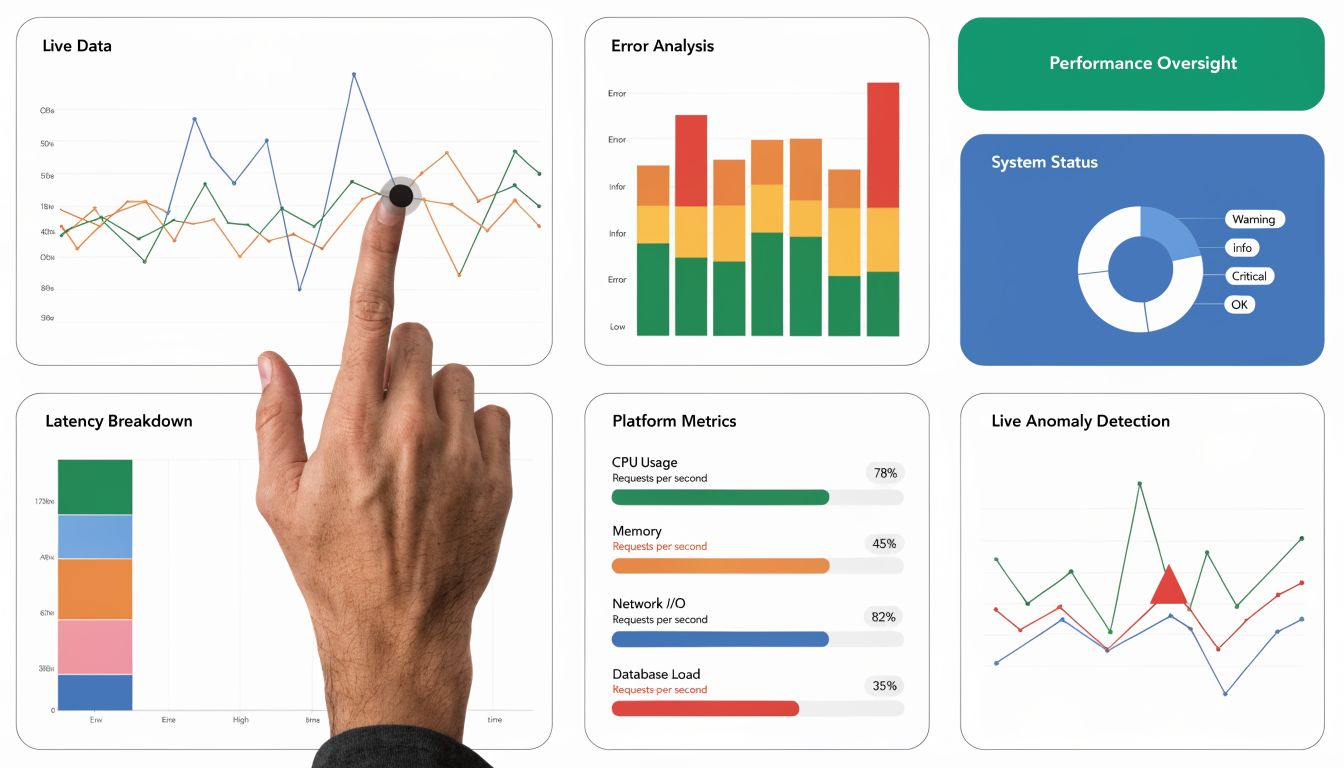A hand interacting with a digital dashboard displaying various system performance metrics and data visualizations.