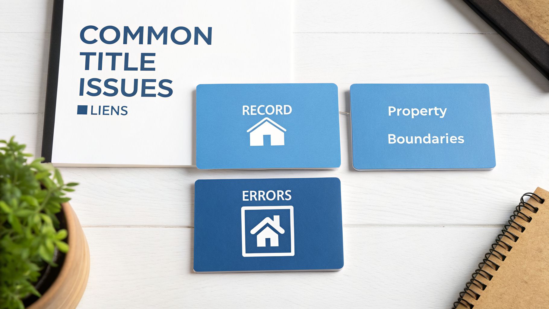 A visual representation of common home title issues, including liens, record errors, and property boundaries.