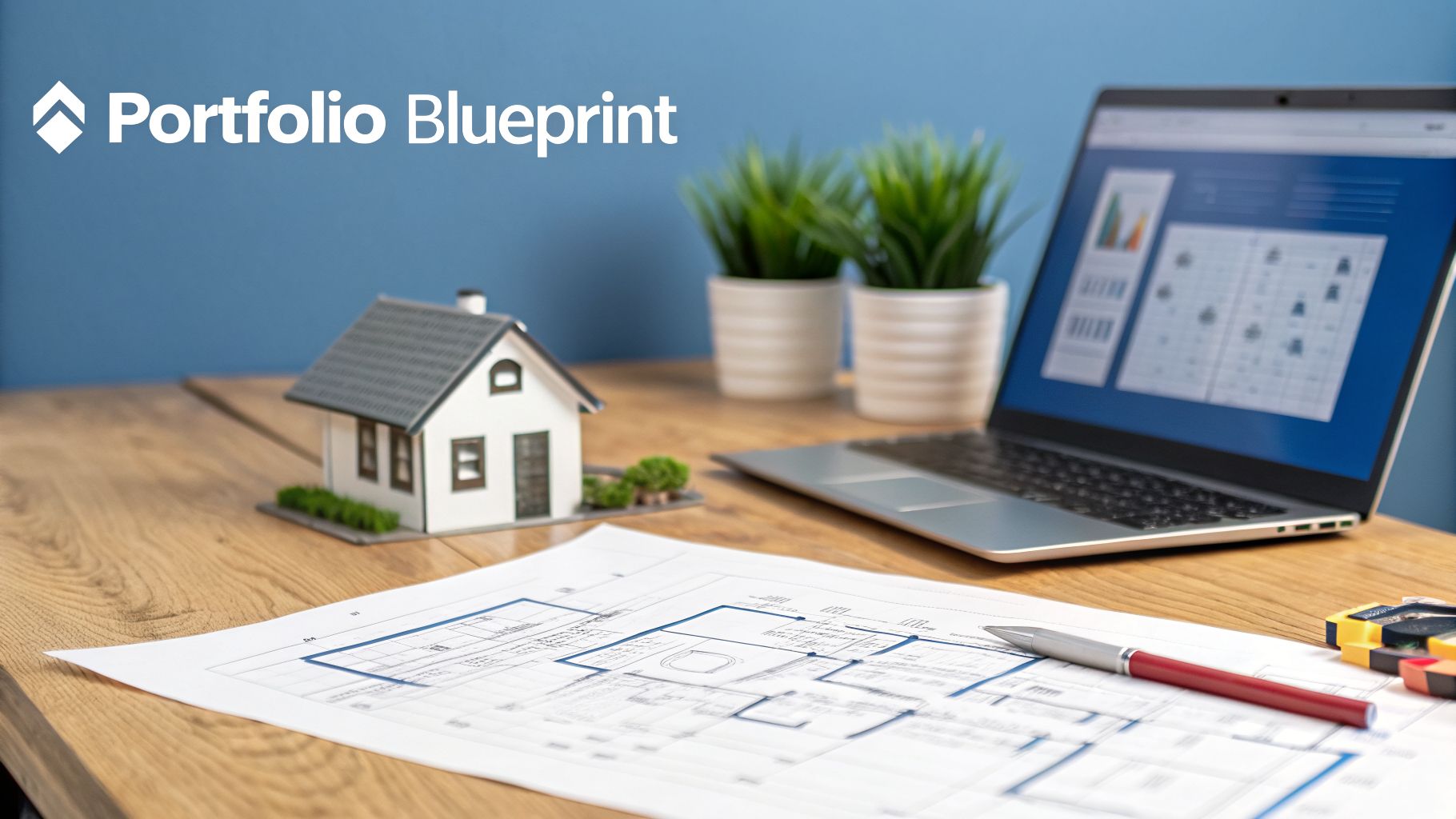 A desk setup with a model house, blueprints, and a laptop, symbolizing real estate portfolio planning.