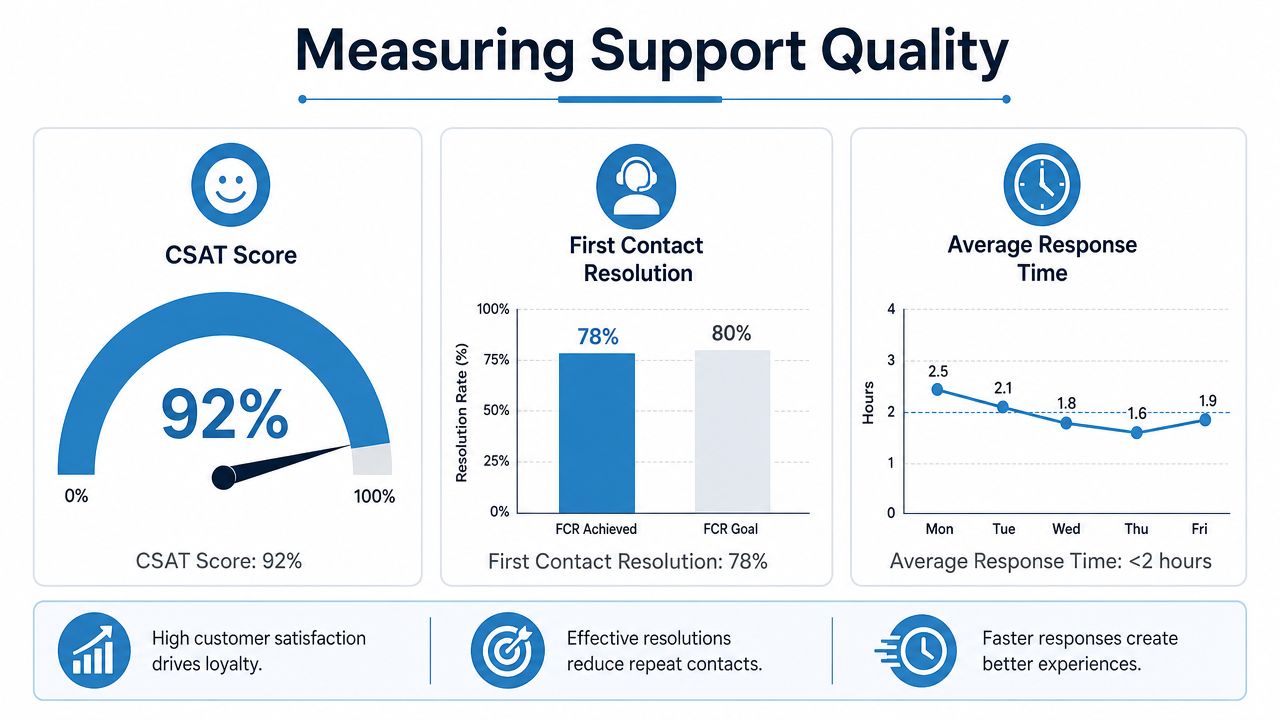 An infographic displaying three support metrics including CSAT score, first contact resolution, and average response time.