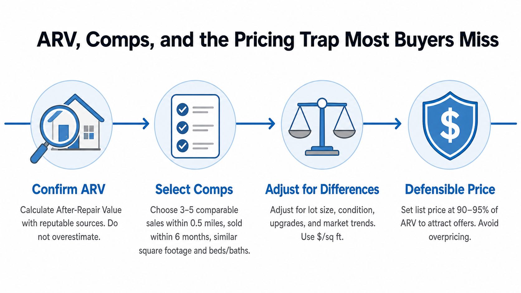 A four-step infographic showing how to calculate ARV, select comparable sales, and set a defensible price.