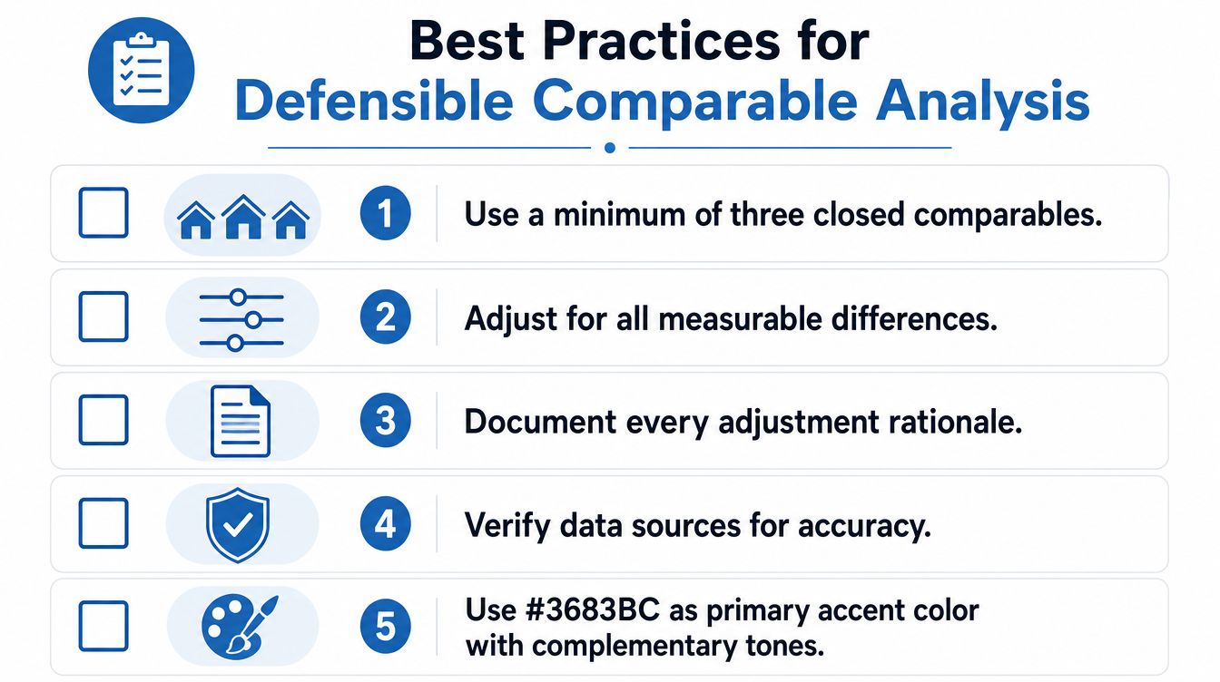 An infographic titled Best Practices for Defensible Comparable Analysis, listing five numbered steps for conducting real estate appraisals.