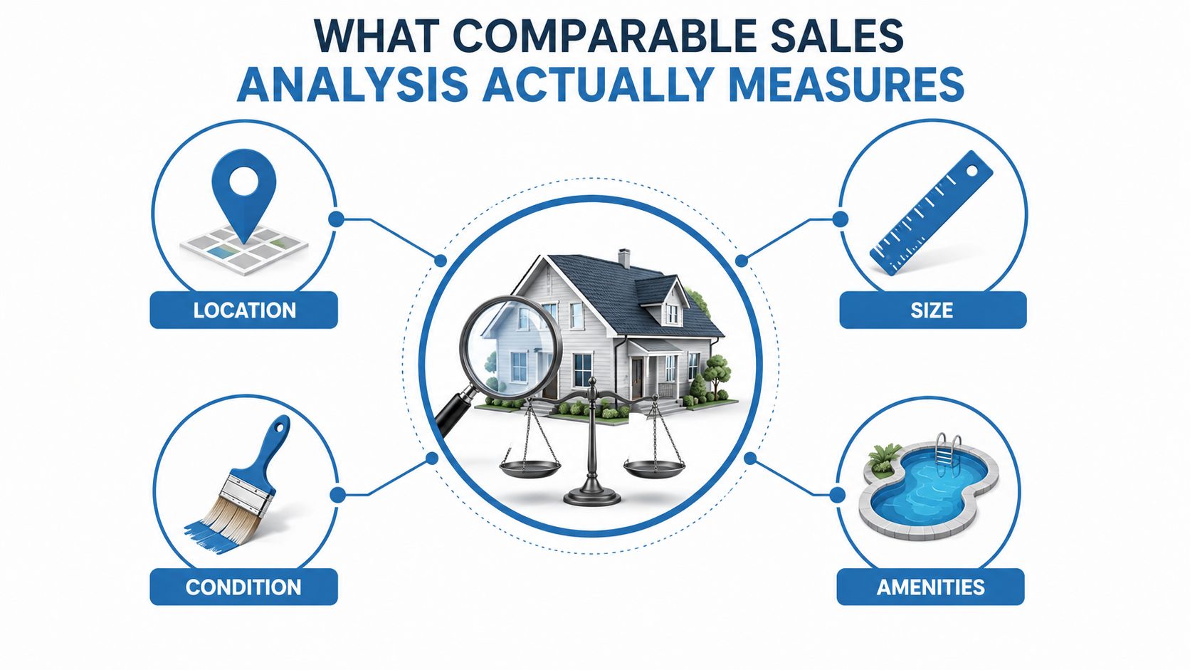 An infographic showing four key factors of comparable sales analysis: location, size, condition, and property amenities.