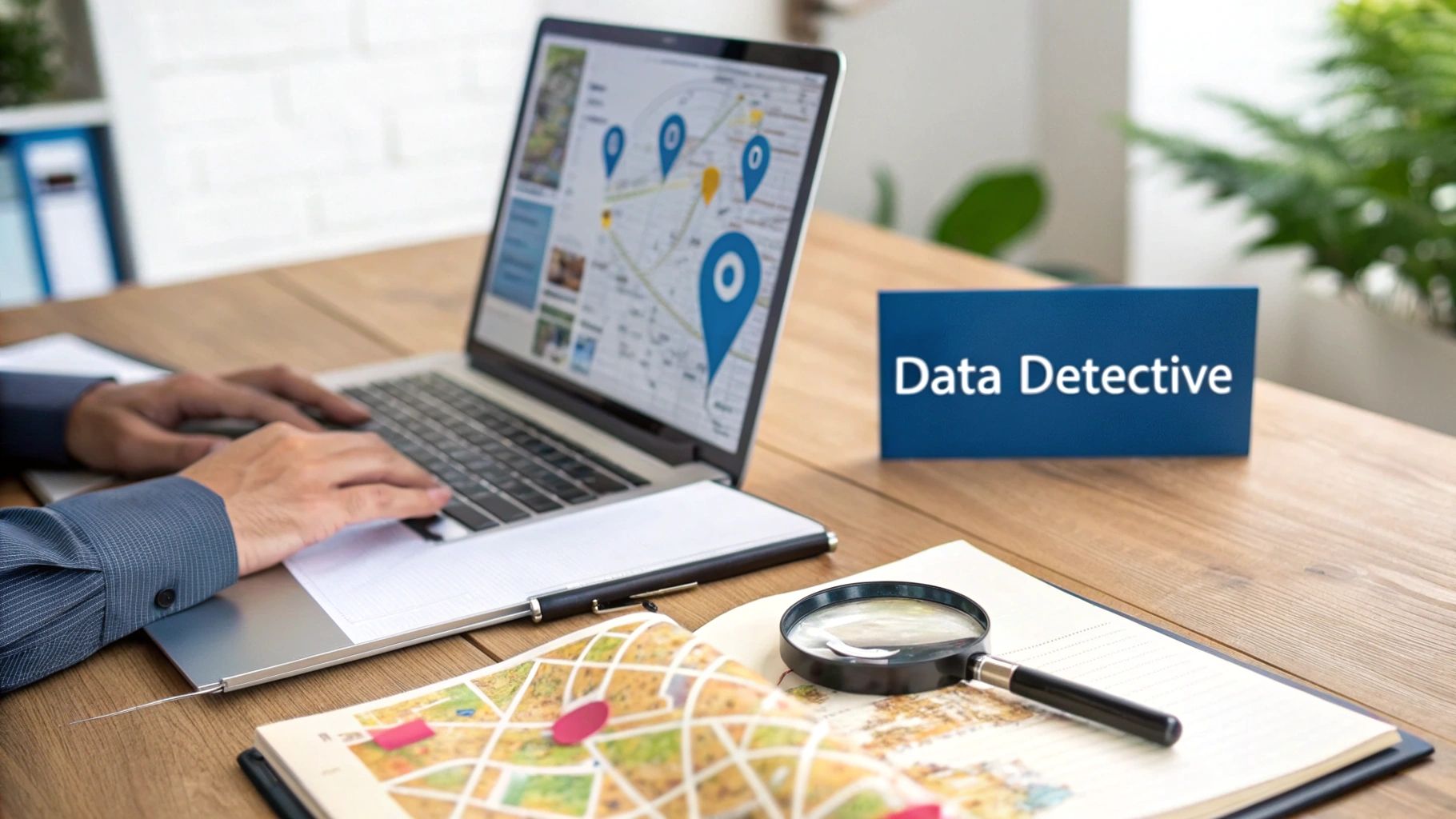 A person's hands are typing on a laptop displaying a map with location pins, next to a "Data Detective" sign. A magnifying glass rests on a physical map.