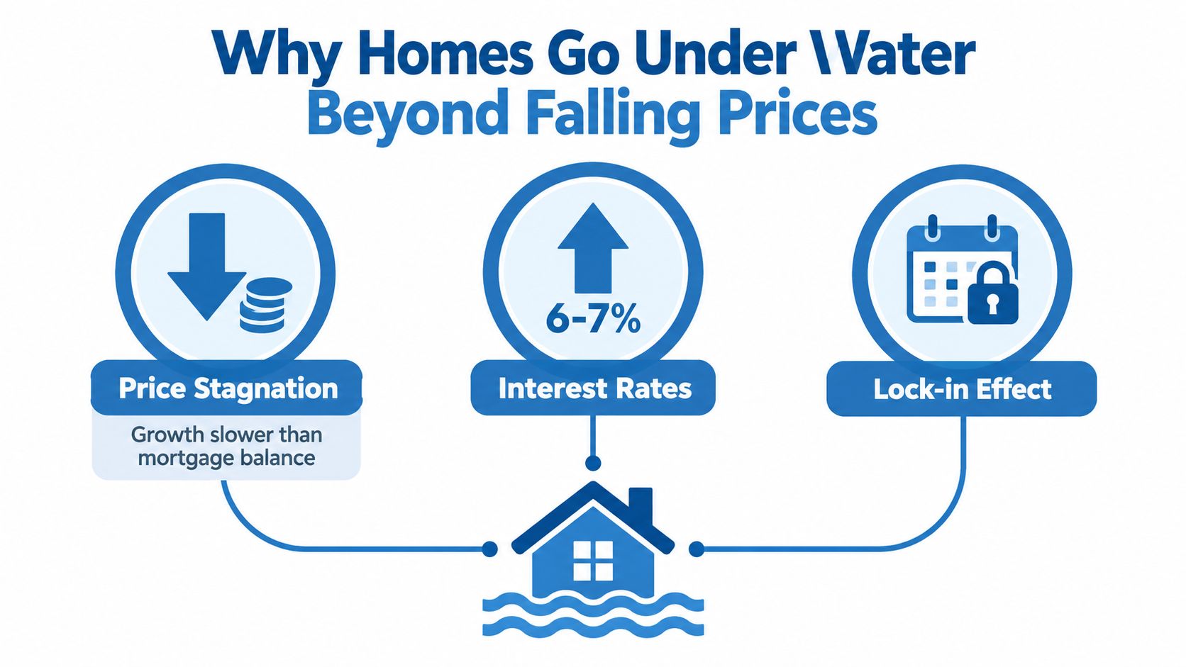 An infographic showing three causes for homes going underwater: price stagnation, high interest rates, and lock-in effect.