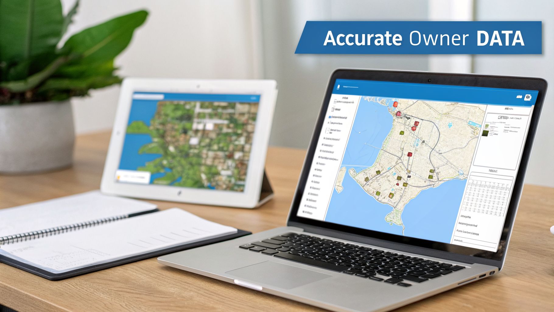 Laptop and tablet displaying maps with property information and owner data on a wooden desk.
