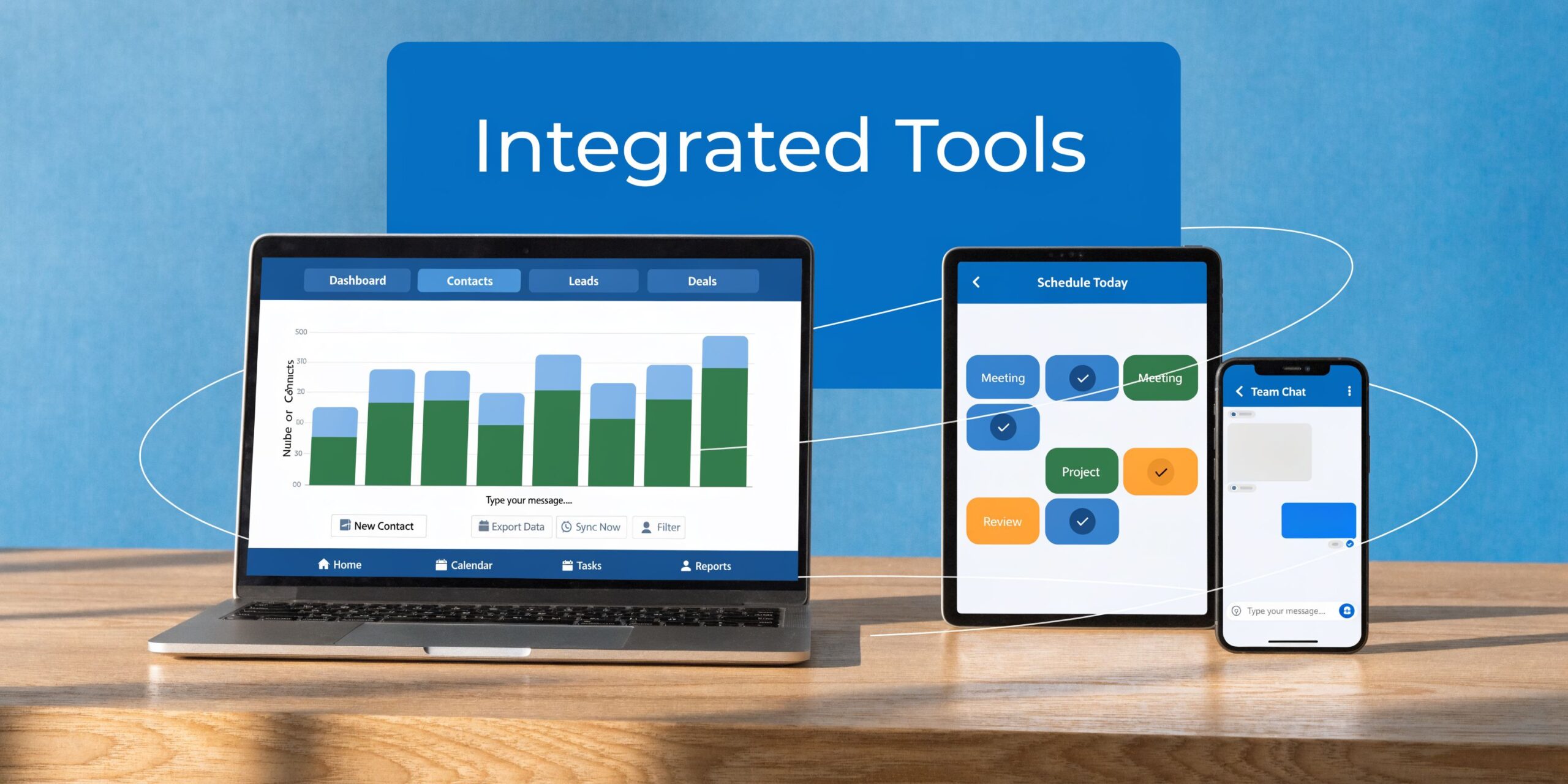 A laptop, tablet, and smartphone displaying business management software tools arranged on a wooden desk.