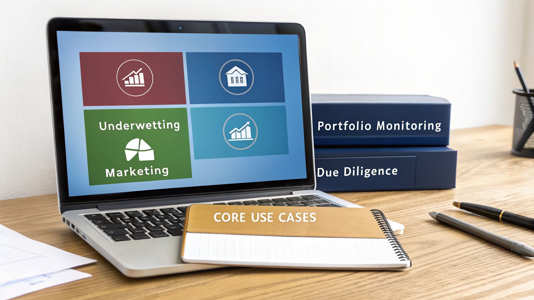 Laptop displaying a real estate analytics platform with underwriting, marketing, portfolio monitoring, and due diligence.