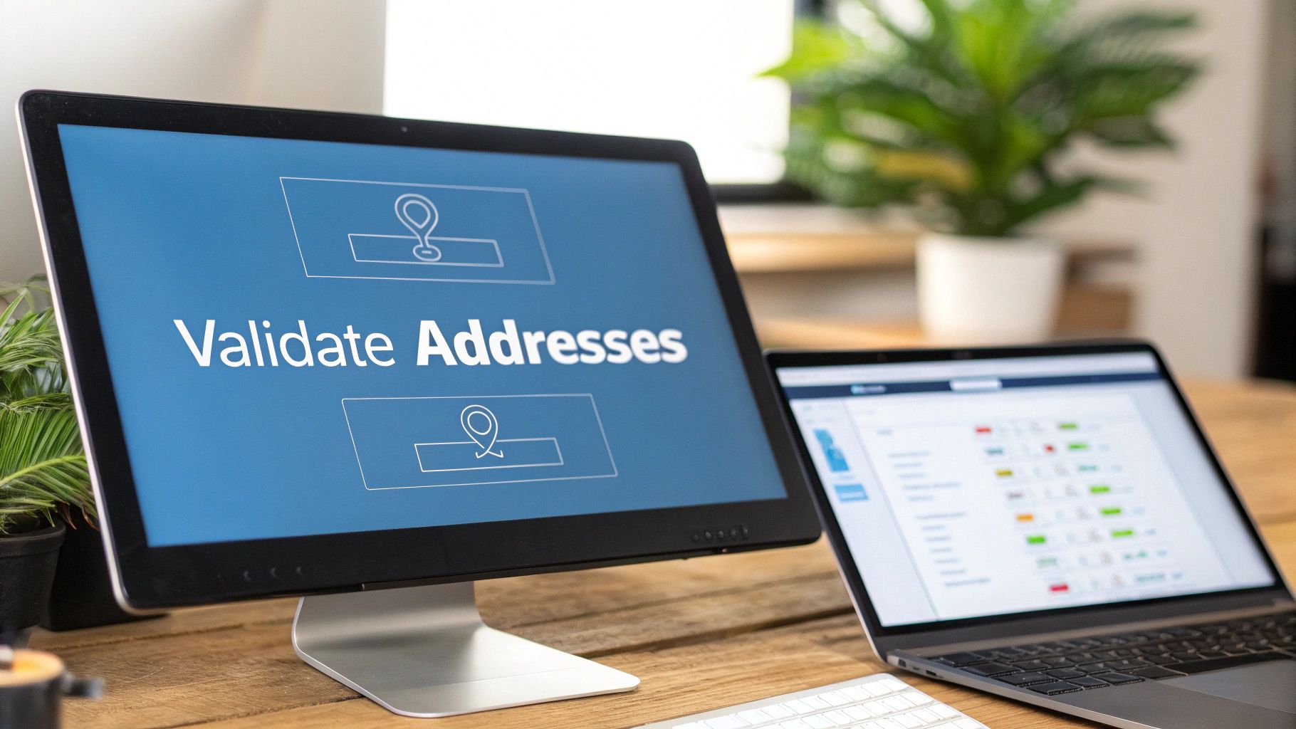 A desktop monitor showing 'Validate Addresses' software, with a laptop displaying data on a wooden office desk.