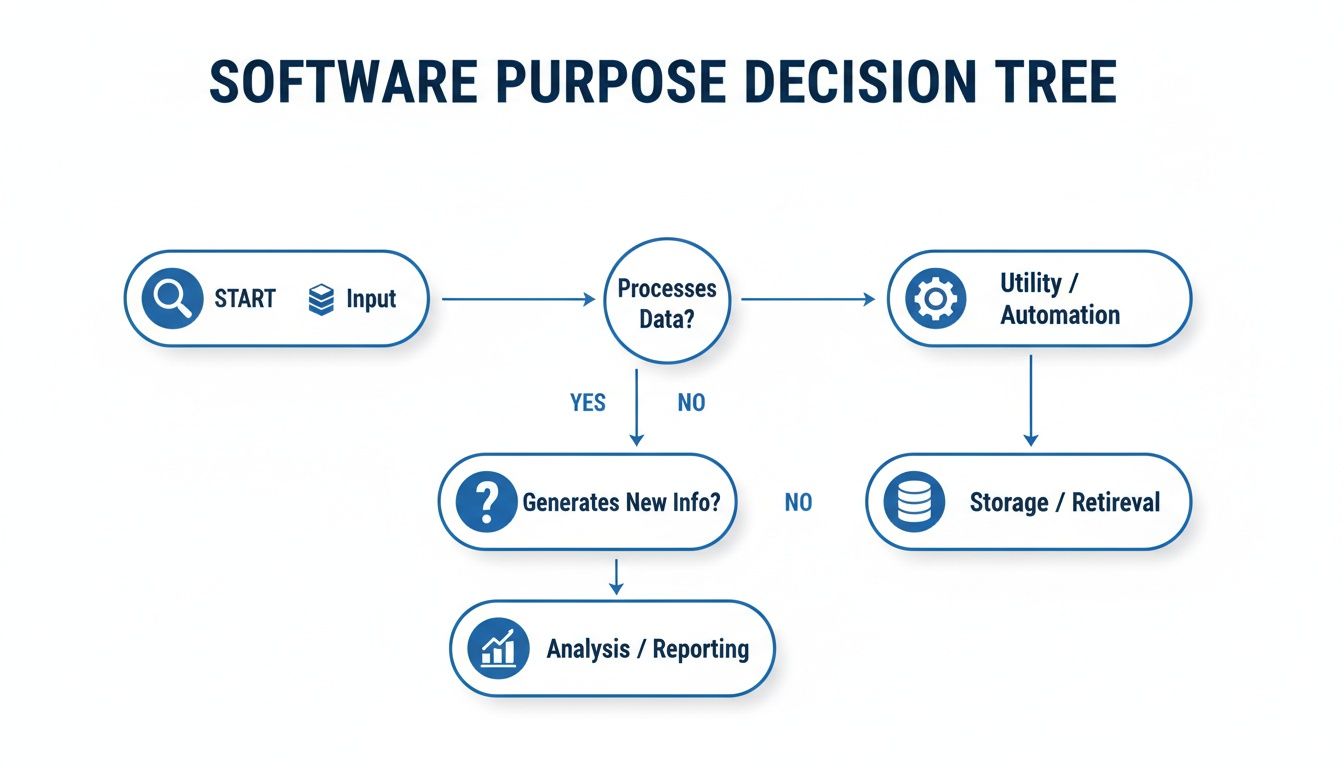 A flowchart decision tree outlining software purpose from input to data processing, storage, analysis, or utility.